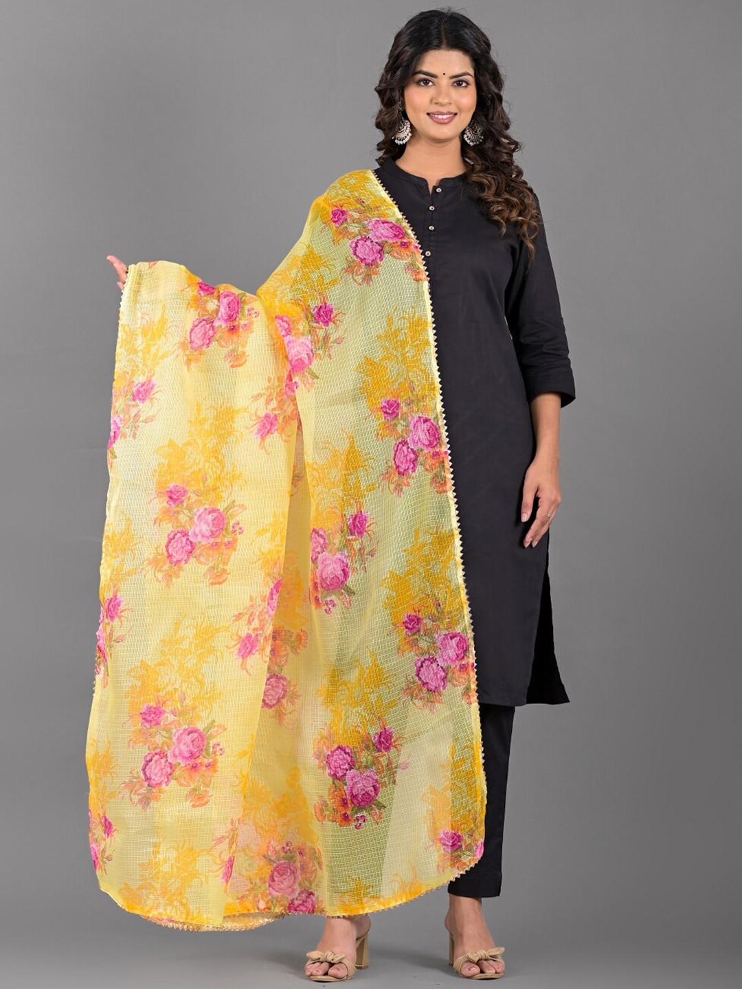 

Apratim Floral Printed Gotta Patti Dupatta, Yellow