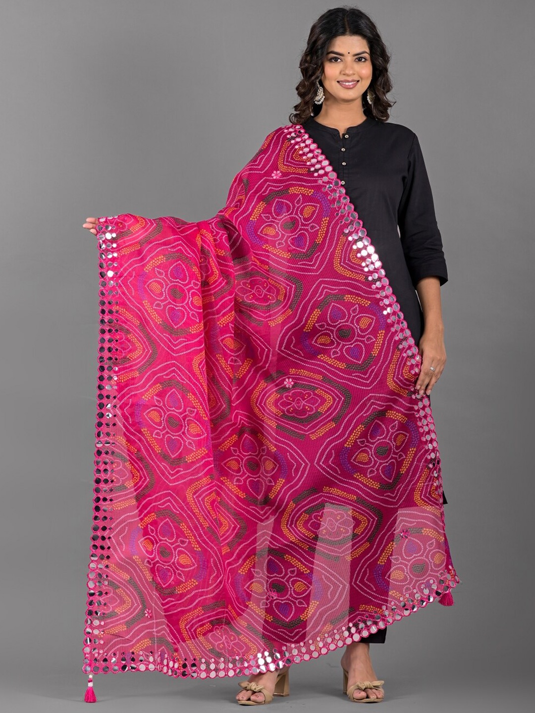 

Apratim Printed Dupatta with Mirror Work, Pink