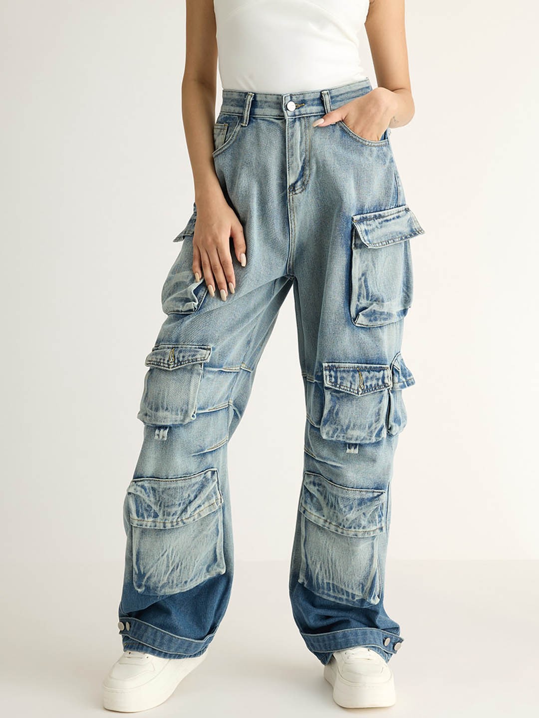 

FREAKINS Women Blue Straight Fit High-Rise Clean Look Heavy Fade Cargo Styles Jeans