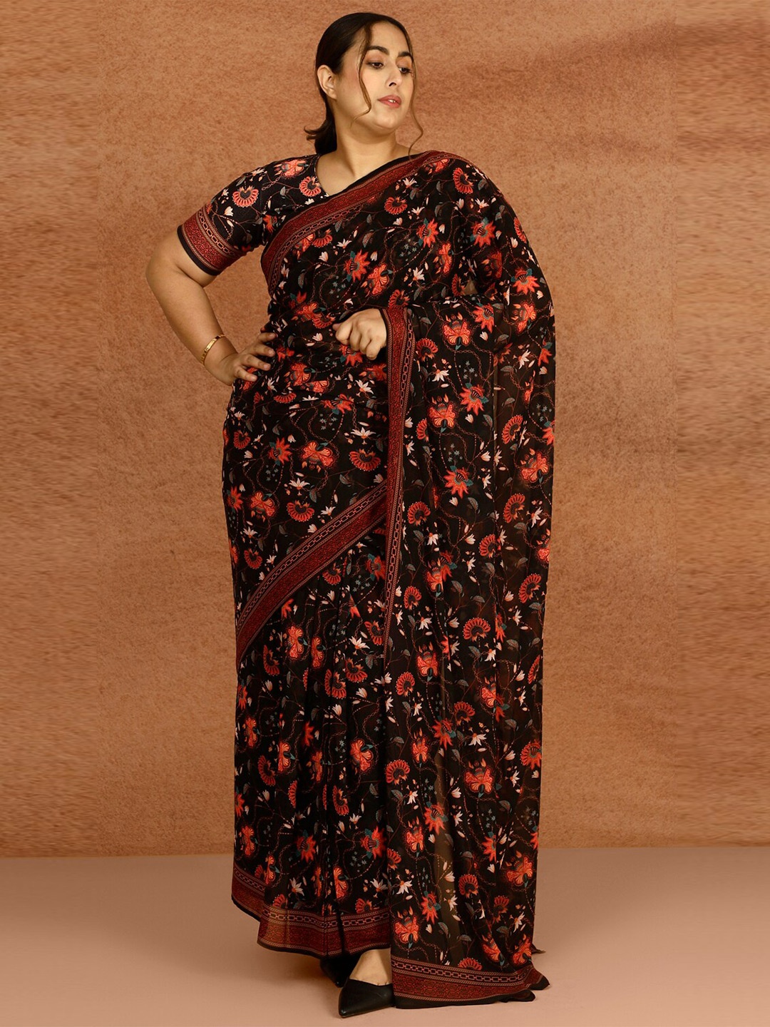 

Amydus Plus Size Floral Printed Ready to Wear saree, Black