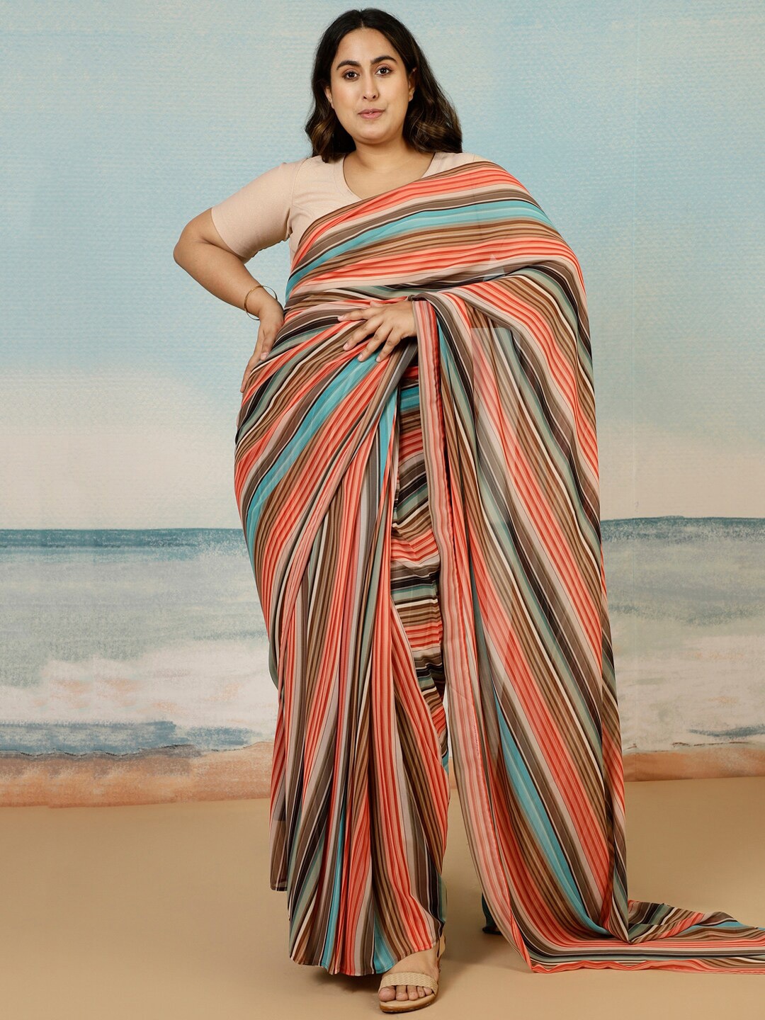 

Amydus Plus Size Striped Ready to Wear Saree, Peach