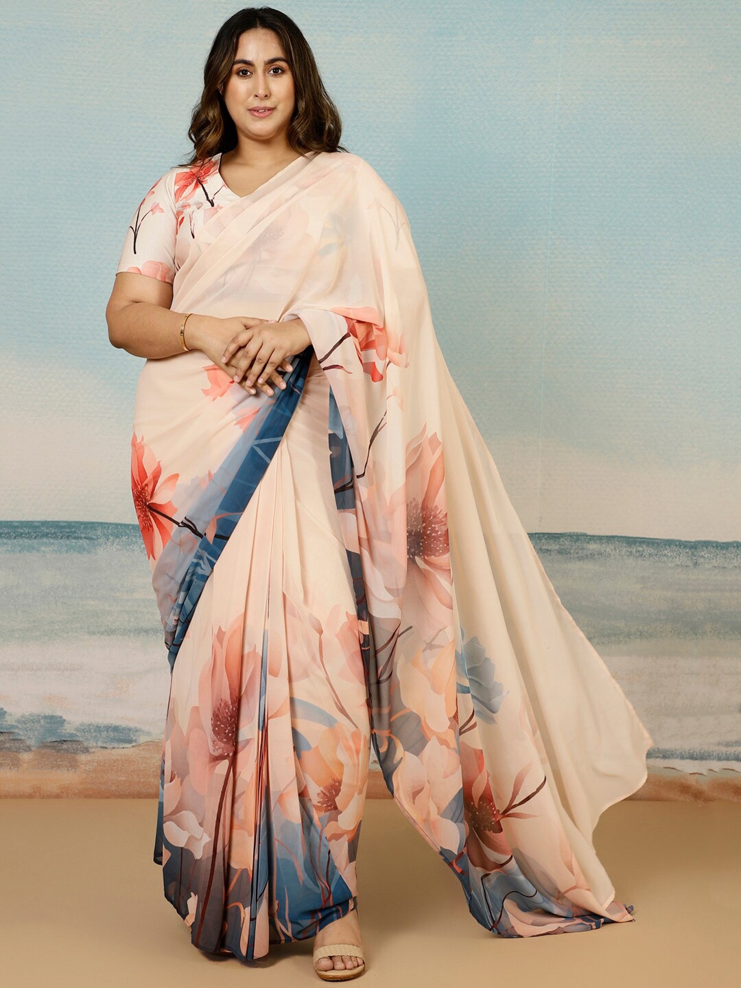 

Amydus Plus Size Floral Printed Ready to Wear saree, Nude