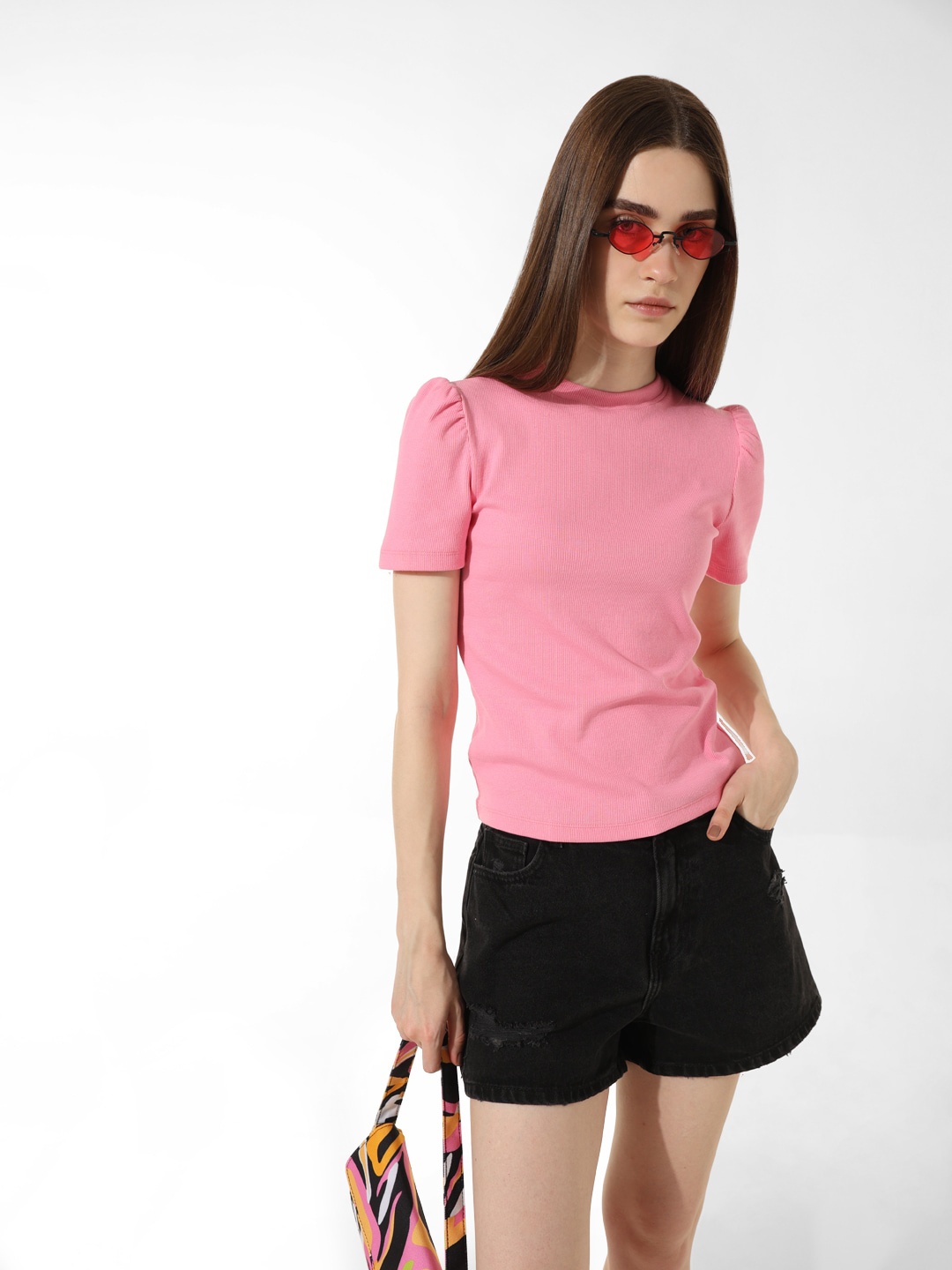 

ONLY Puff Sleeves Cotton Top, Pink