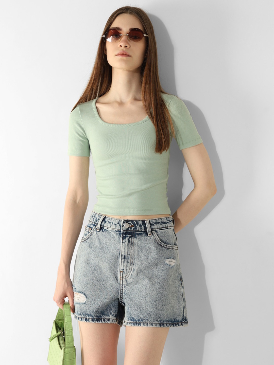 

ONLY Cotton Round Neck Knitted Slim Fit T-shirt, Green