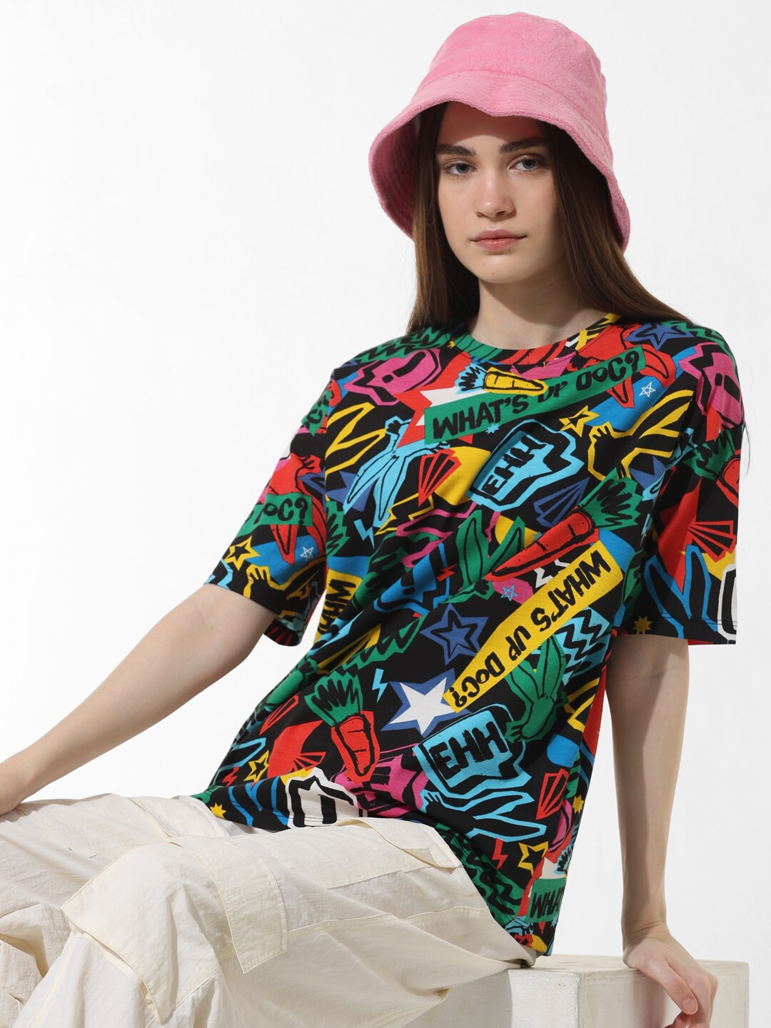 

ONLY Abstract Printed Cotton Knitted T-shirt, Black