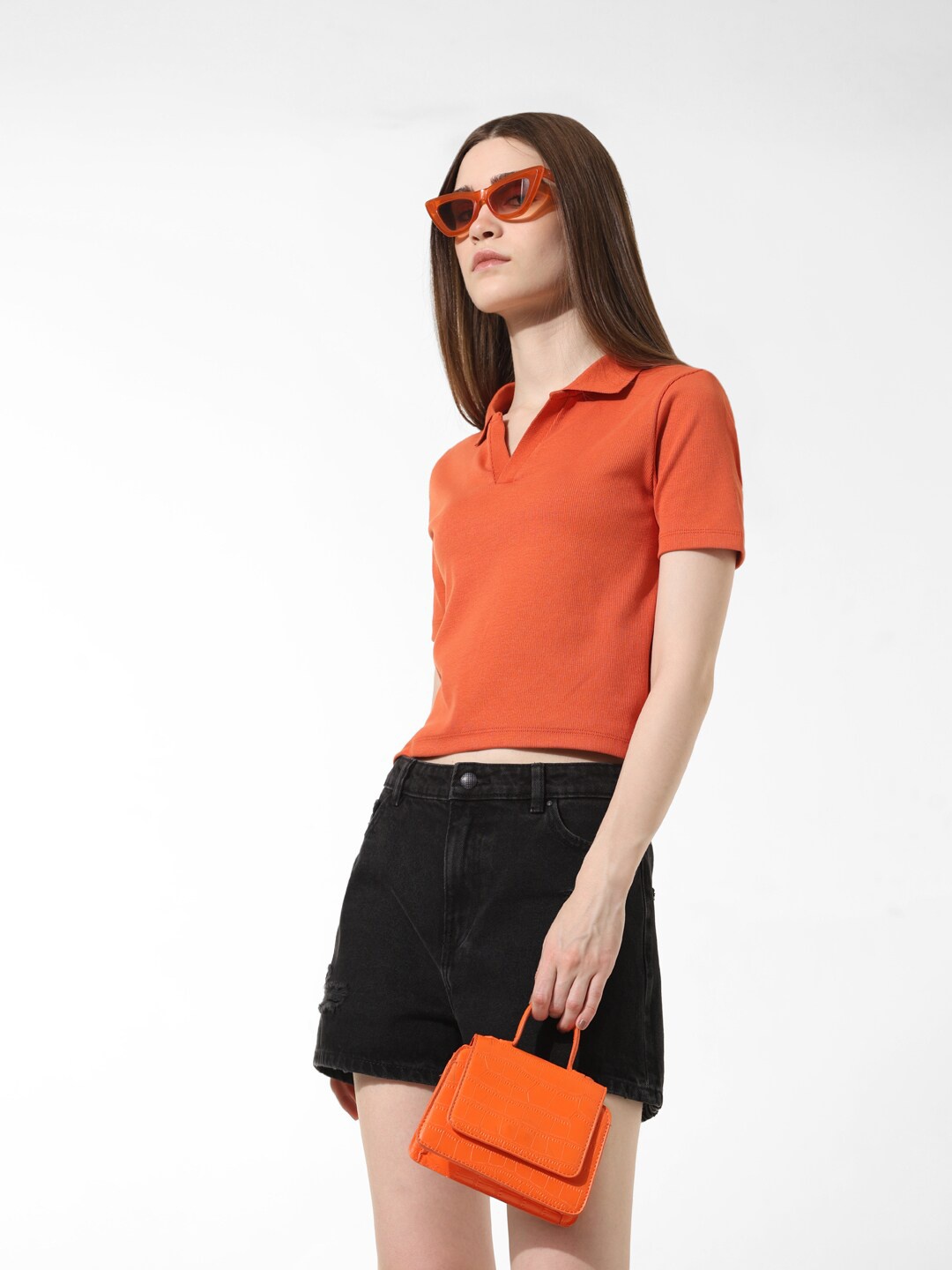 

ONLY Cotton Polo Collar Knitted Slim Fit T-shirt, Orange