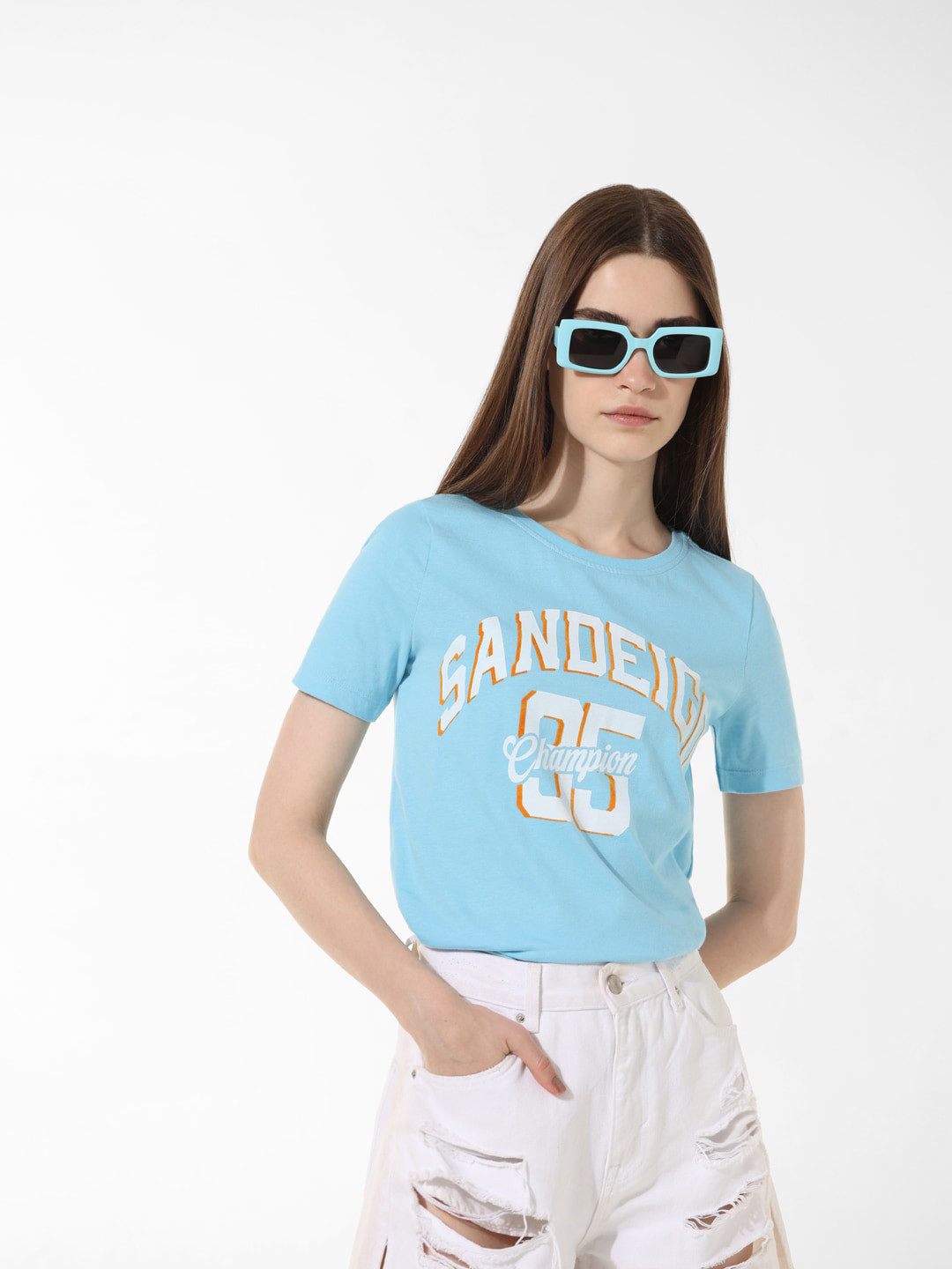 

ONLY Typography Printed Cotton Round Neck Applique T-shirt, Blue
