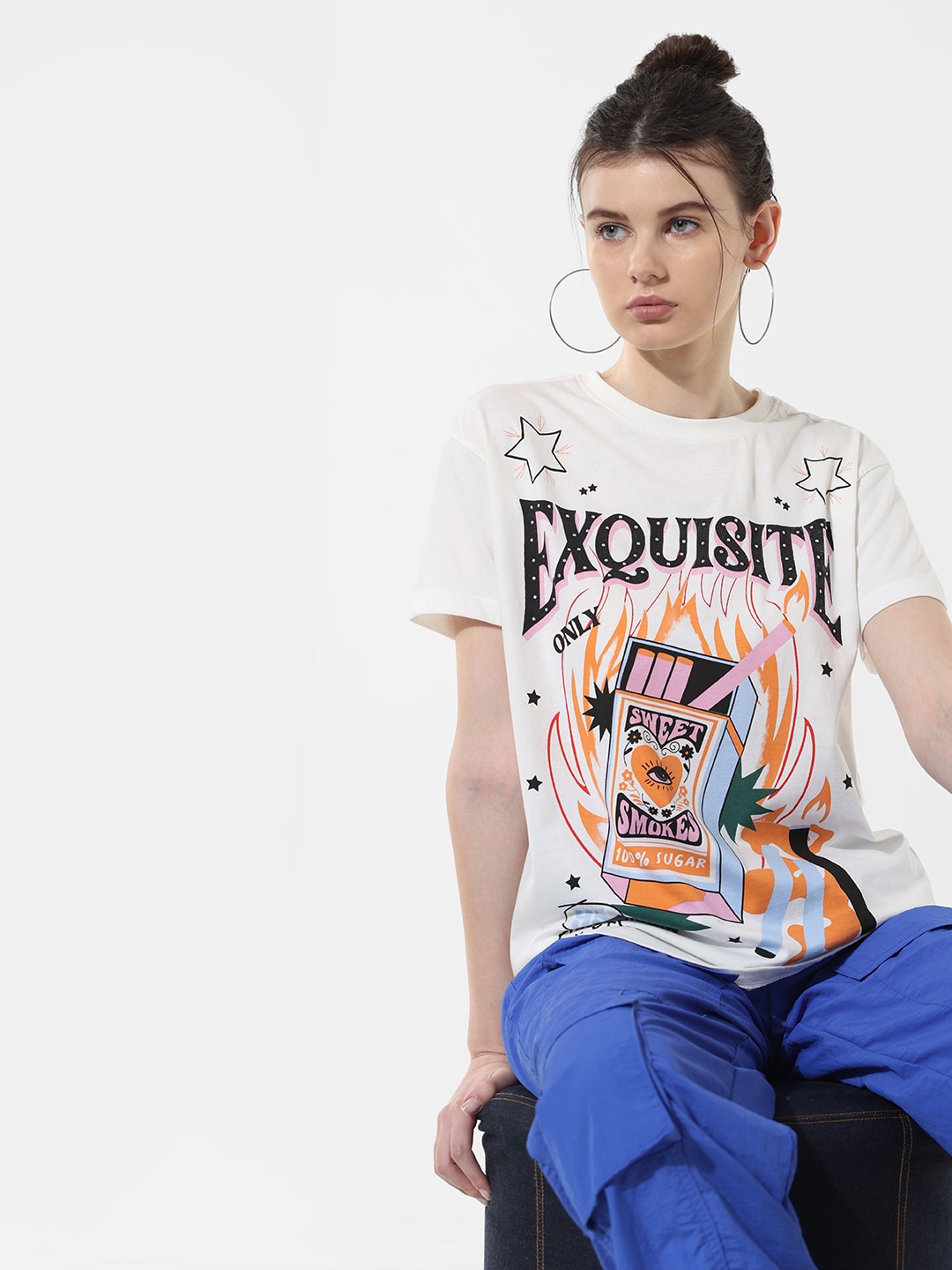 

ONLY Typography Printed Cotton Raw Edge T-shirt, White
