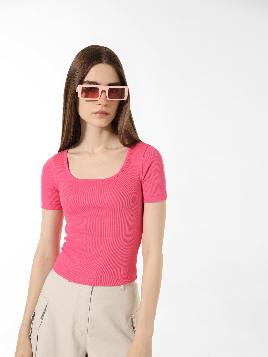 

ONLY Cotton Scoop Neck Knitted Slim Fit T-shirt, Pink