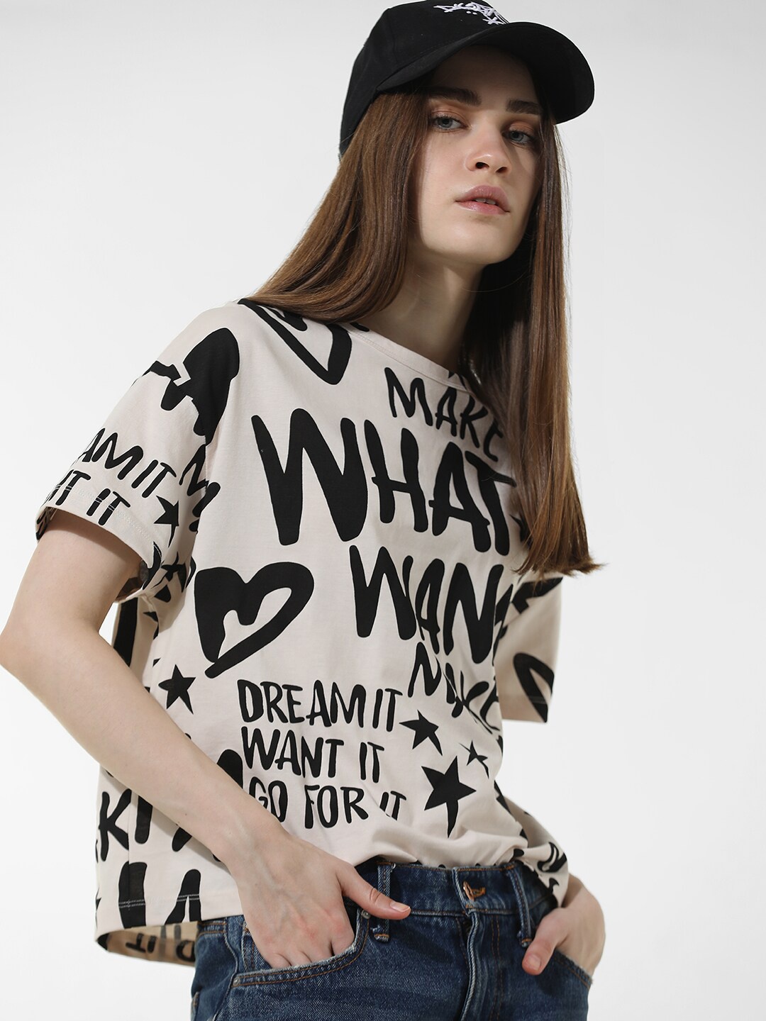 

ONLY Typography Printed Cotton Raw Edge Boxy T-shirt, Beige
