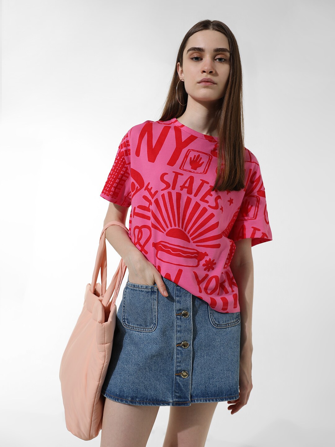 

ONLY Typography Printed Round Neck Cotton Boxy T-shirt, Pink