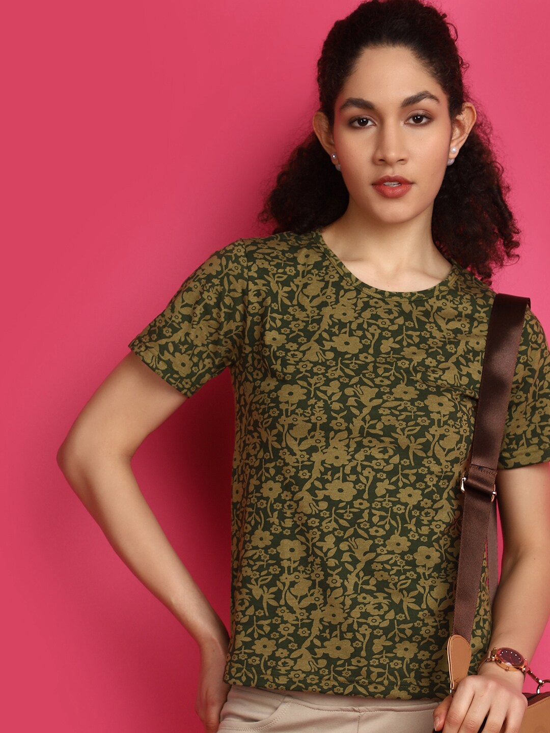 

V-Mart Floral Printed Round Neck Casual T-shirt, Green