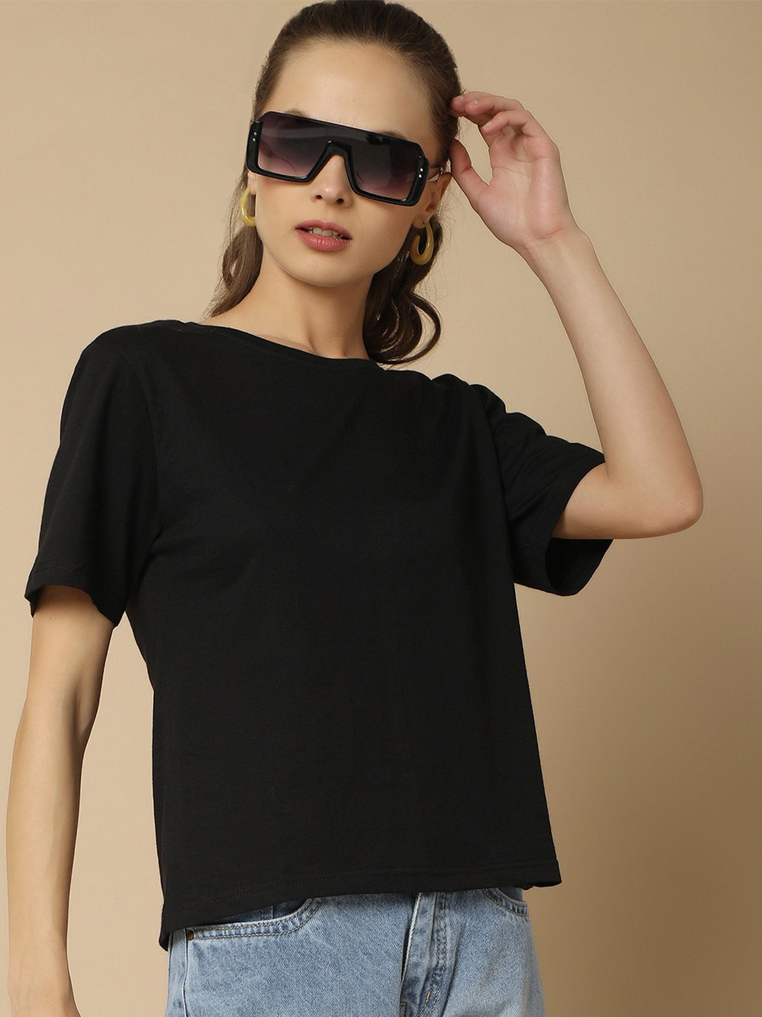 

V-Mart Round Neck Short Sleeves Cotton Casual T-shirt, Black