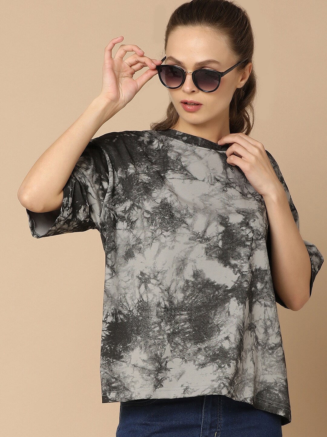 

V-Mart Abstract Printed Drop-Shoulder Sleeves Cotton Casual T-shirt, Grey