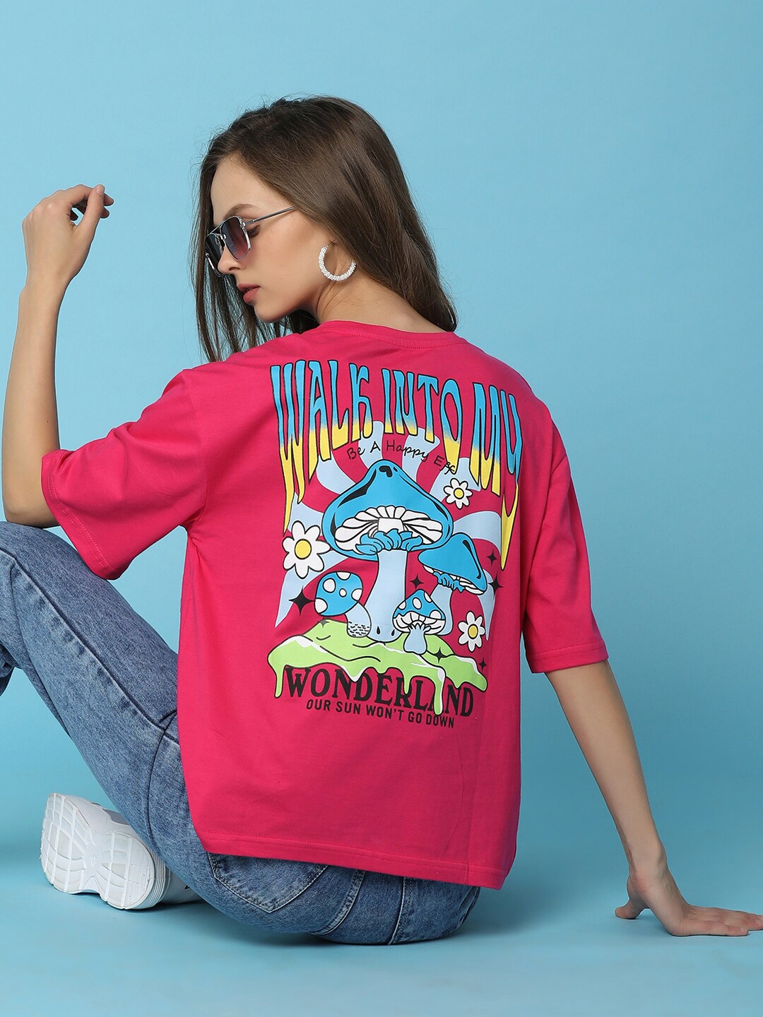 

V-Mart Graphic Printed Drop-Shoulder Sleeves Cotton Casual T-shirt, Pink
