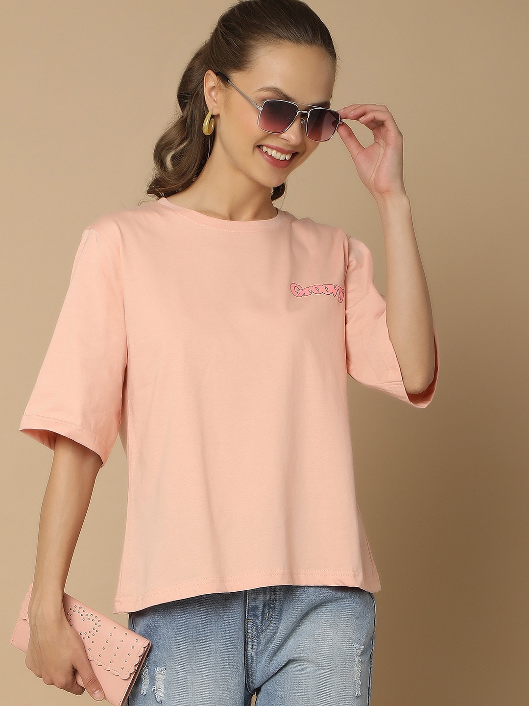 

V-Mart Three-Quarter Sleeves Round Neck Cotton T-shirt, Pink