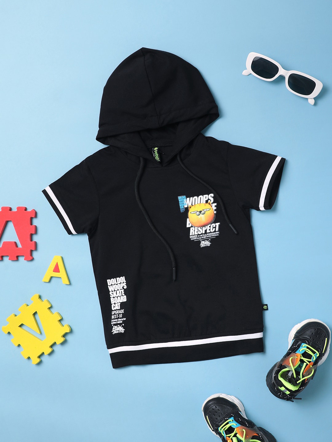 

V-Mart Boys Typography Printed Hooded Cotton T-shirt, Black