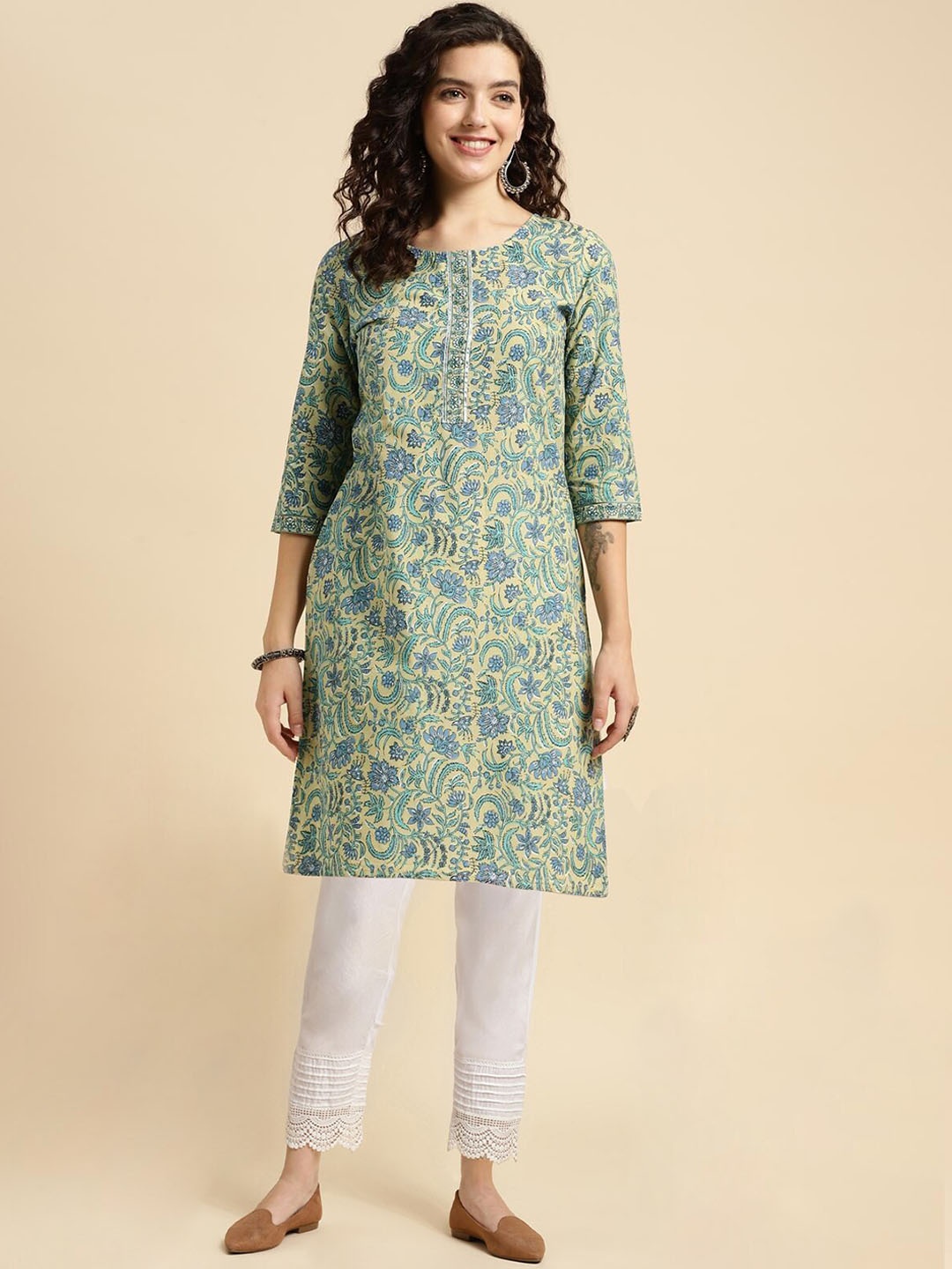 

Rangita Floral Printed Regular Pure Cotton Kurta With Trouser, Beige