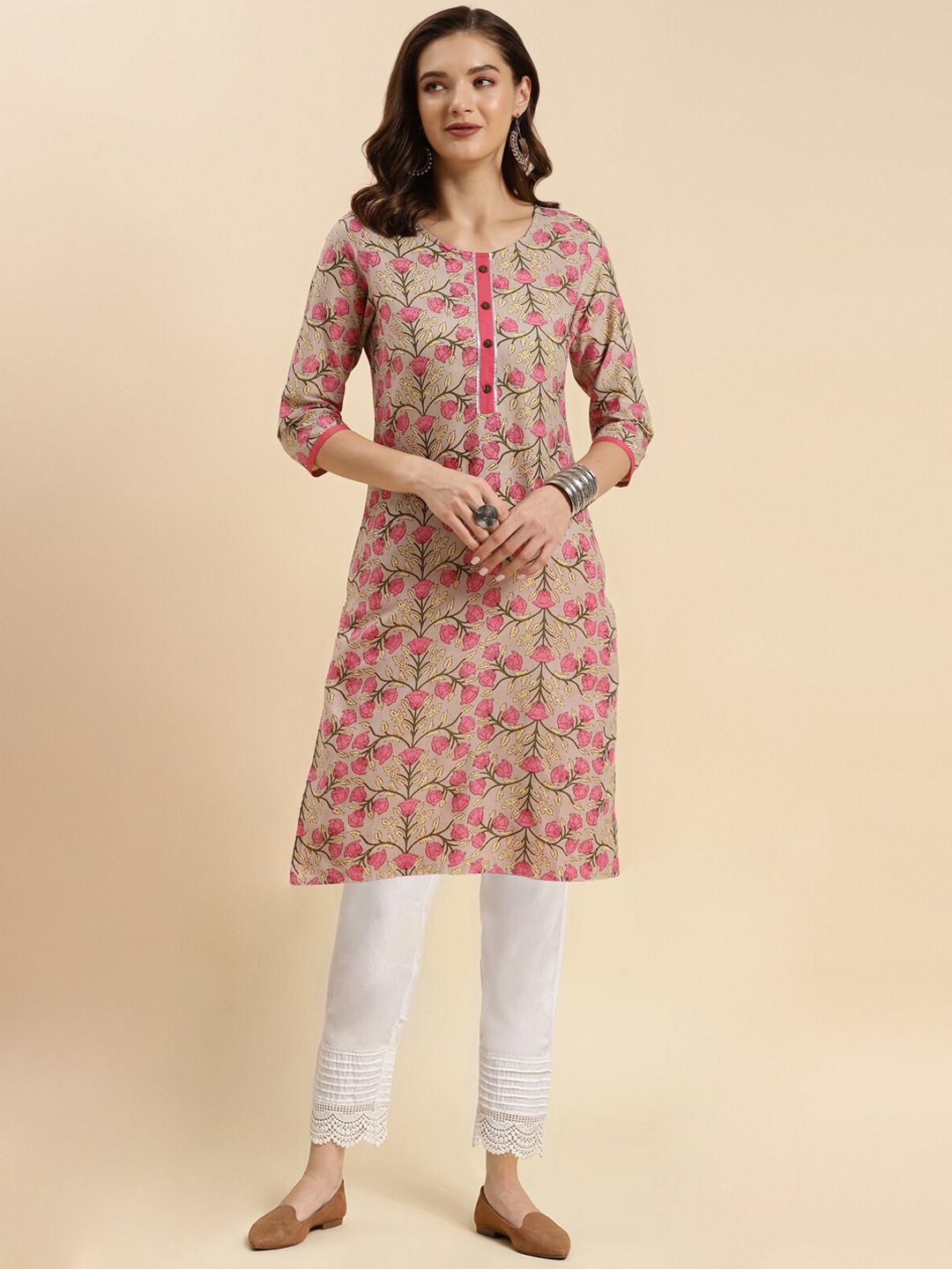 

Rangita Floral Printed Regular Gotta Patti Pure Cotton Kurta with Trousers, Beige