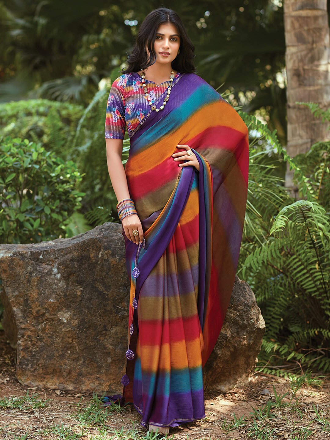 

Mitera Striped Beads and Stones Leheriya Saree, Blue