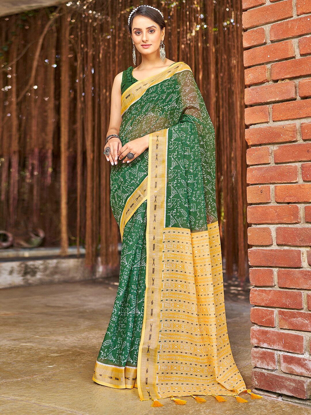 

Mitera Abstract Printed Zari Ikat Saree, Green