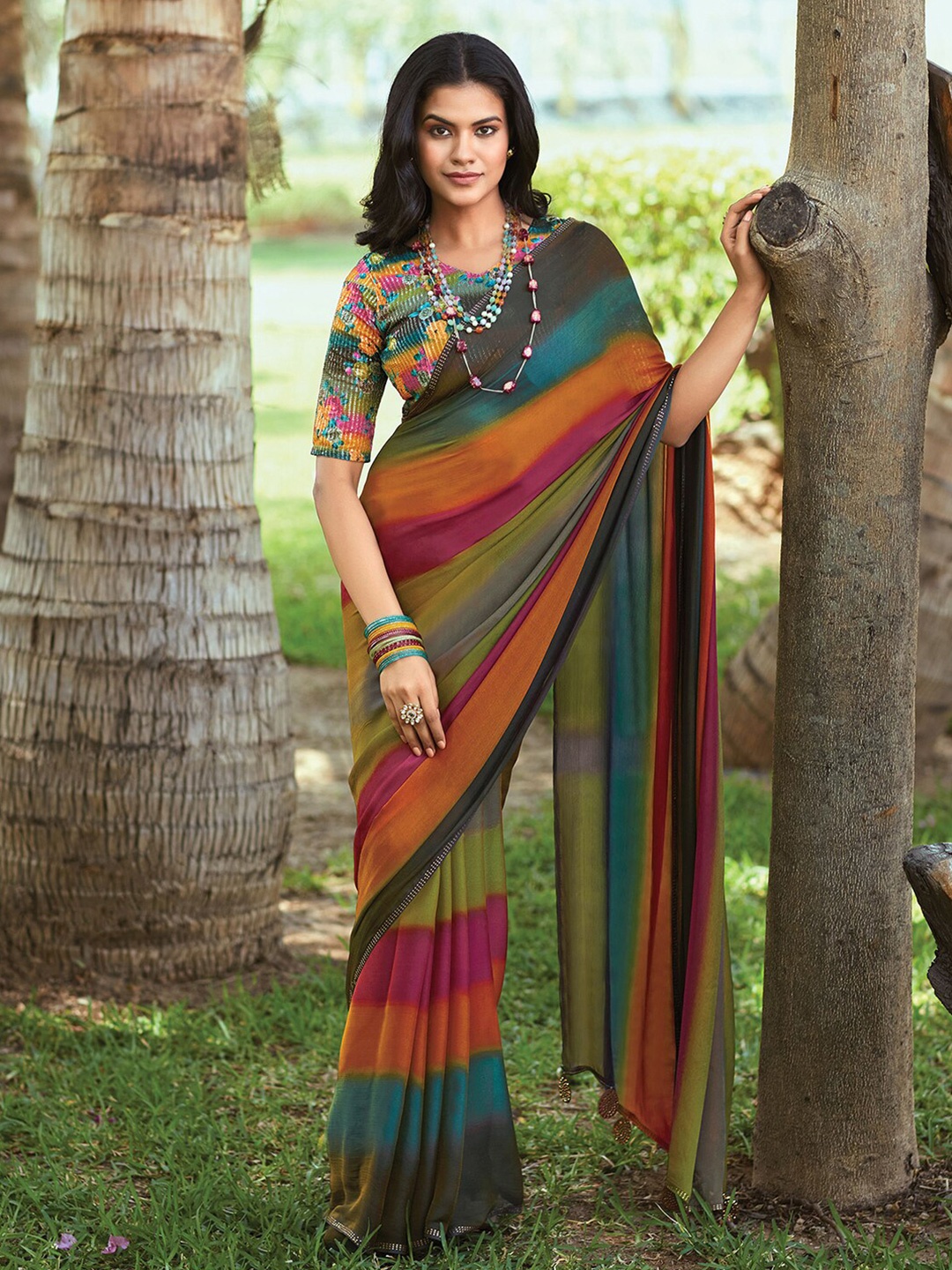 

Mitera Striped Beads & Stones Saree, Pink