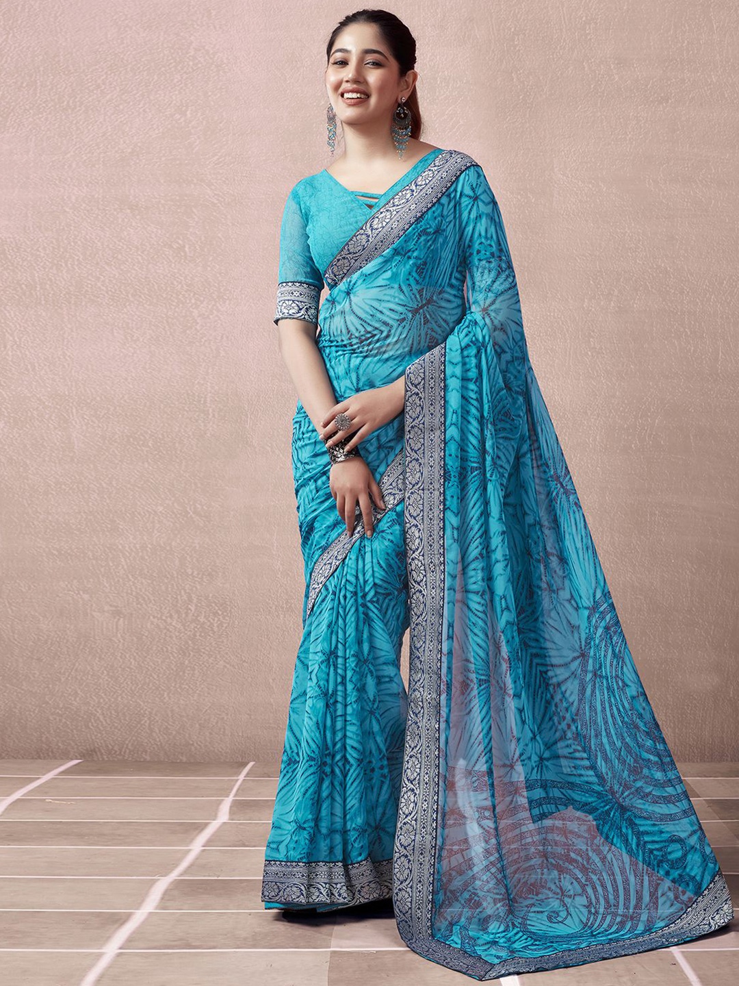 

Mitera Ethnic Motifs Printed Zari Saree, Teal