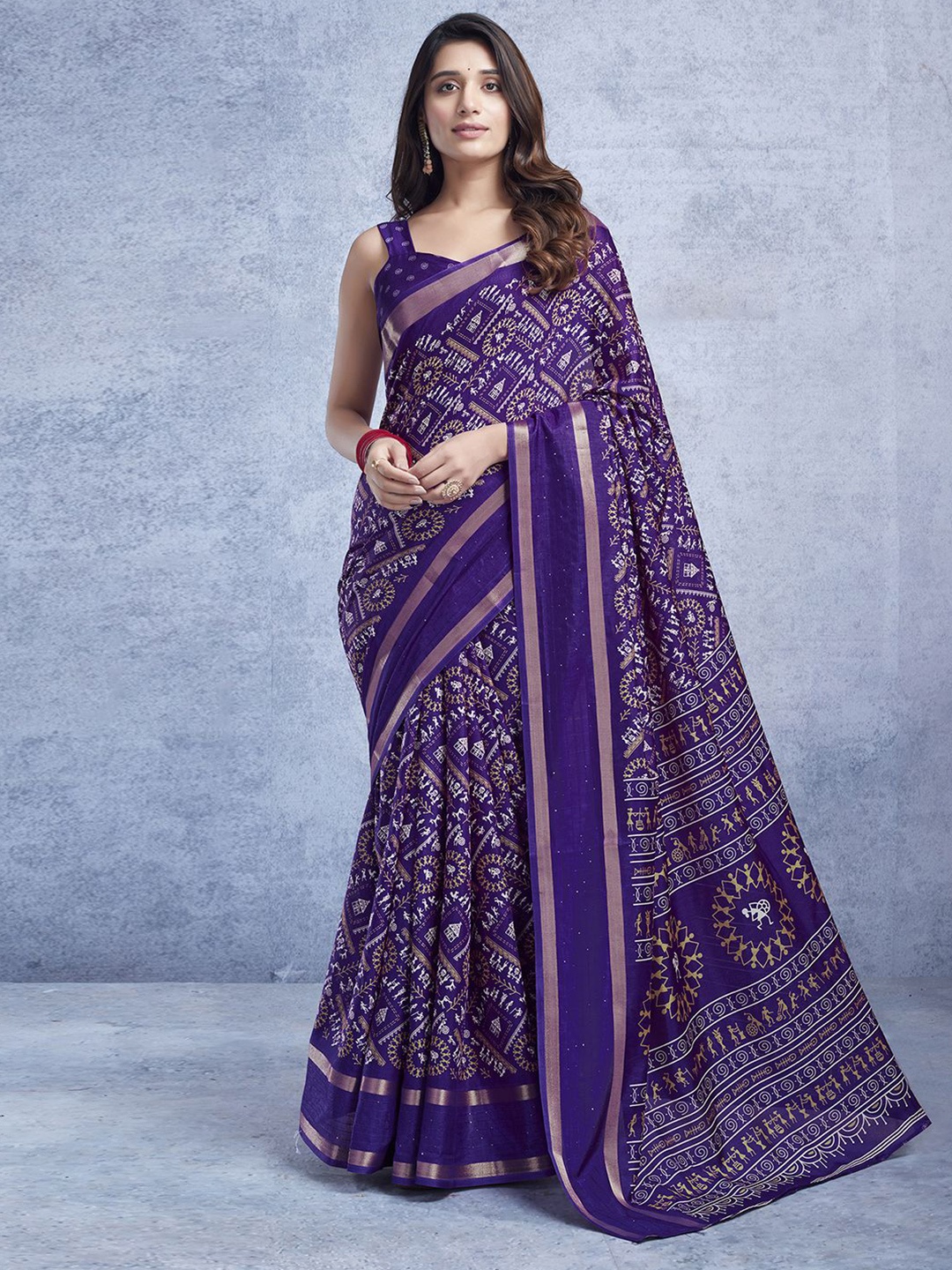 

Mitera Warli Printed Zari Art Silk Saree, Violet