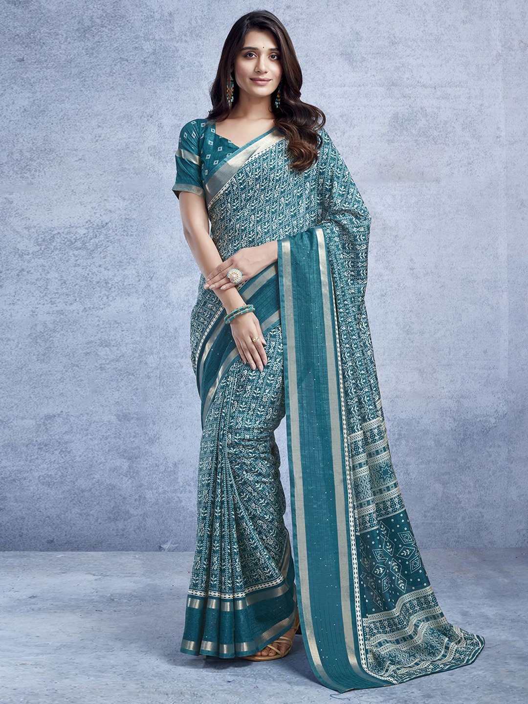 

Mitera Ethnic Motifs Printed Zari Art Silk Ikat Saree, Teal