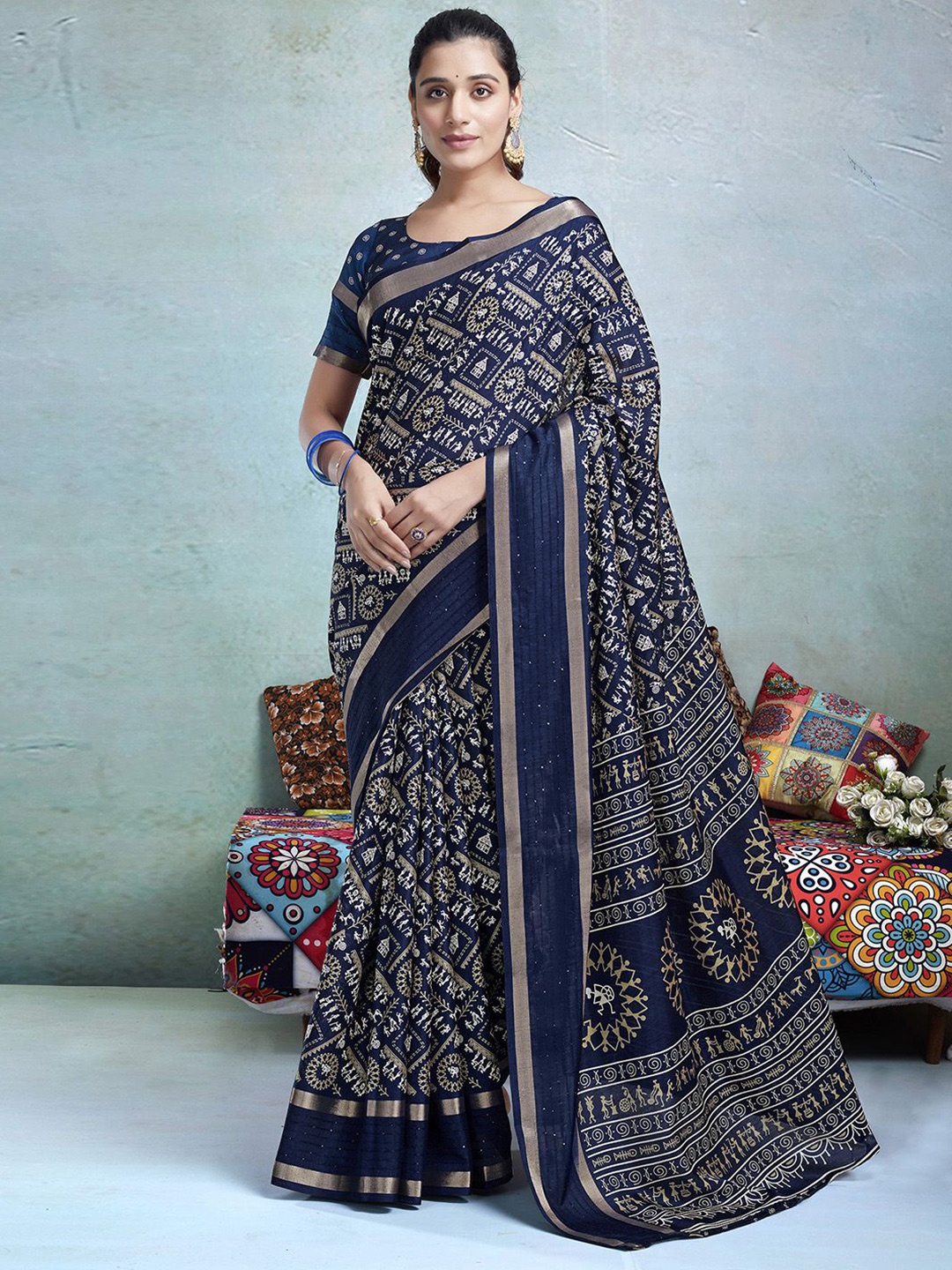 

Mitera Ethnic Motifs Ikat Zari Saree, Navy blue