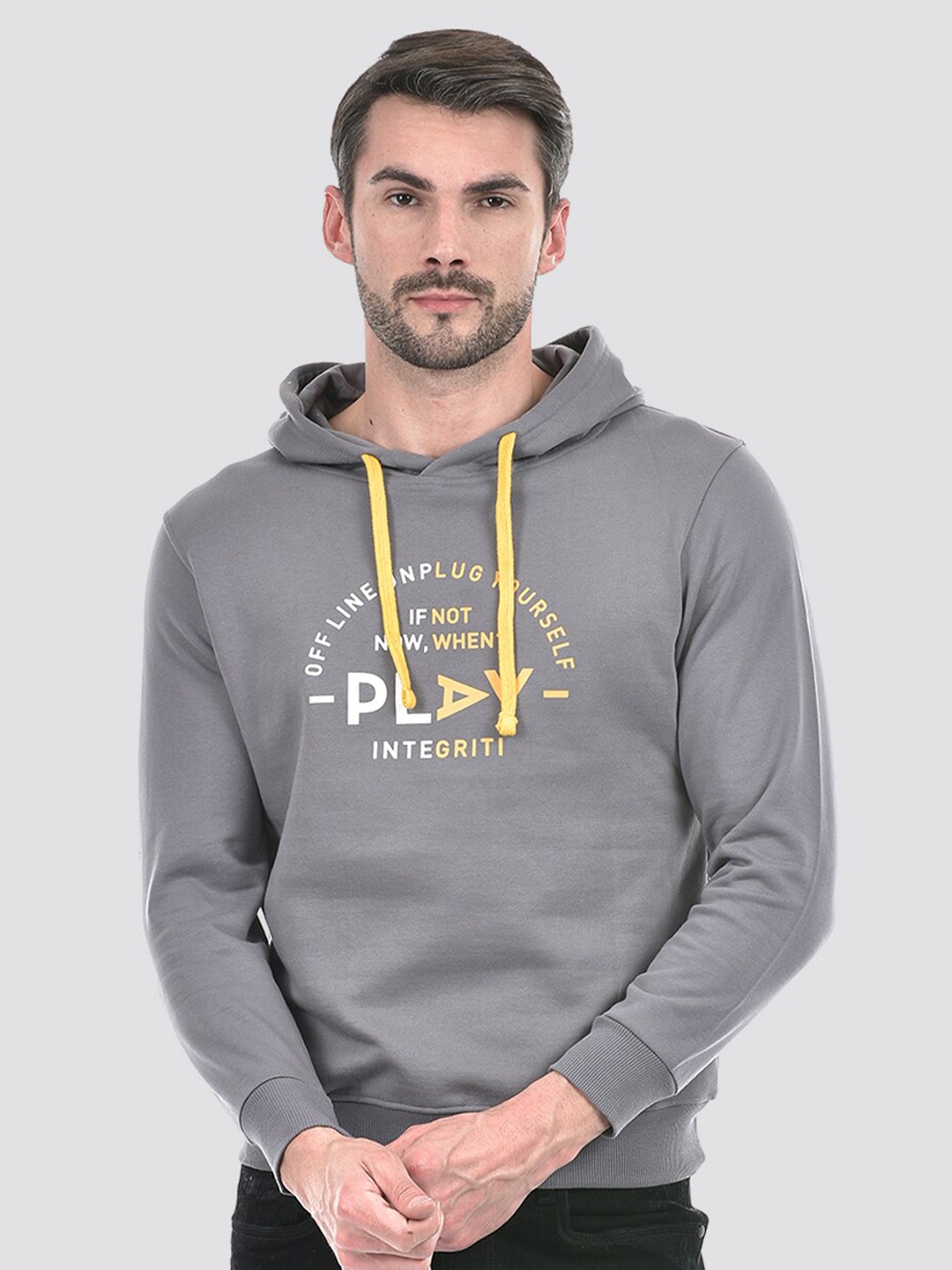 

Integriti Hooded Neck Long Sleeves Typographic Printed Pullover Sweatshirt, Grey