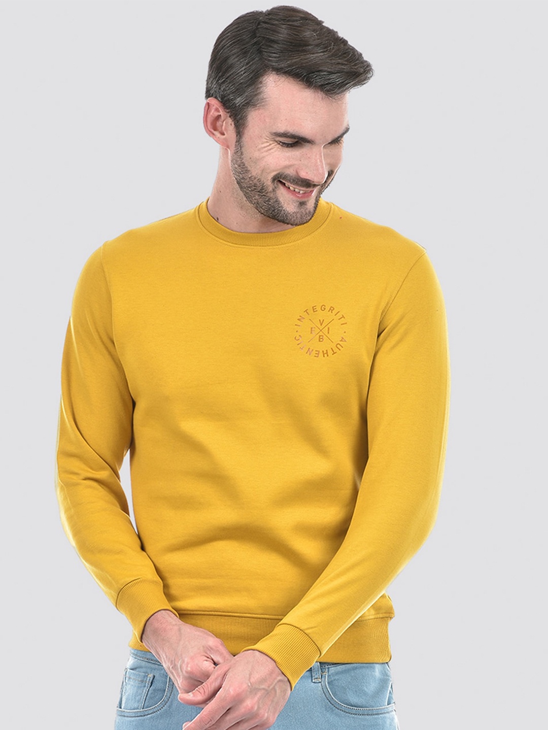 

Integriti Round Neck Long Sleeves Typographic Printed Pullover Sweatshirt, Mustard