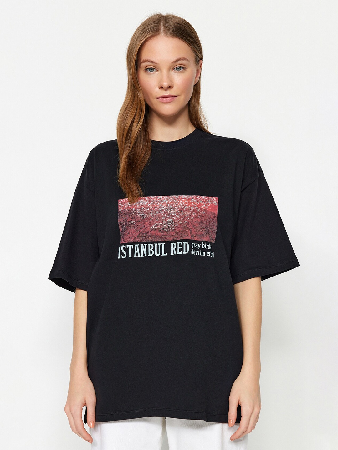

Trendyol Round Neck Typography Printed Cotton T-shirt, Black