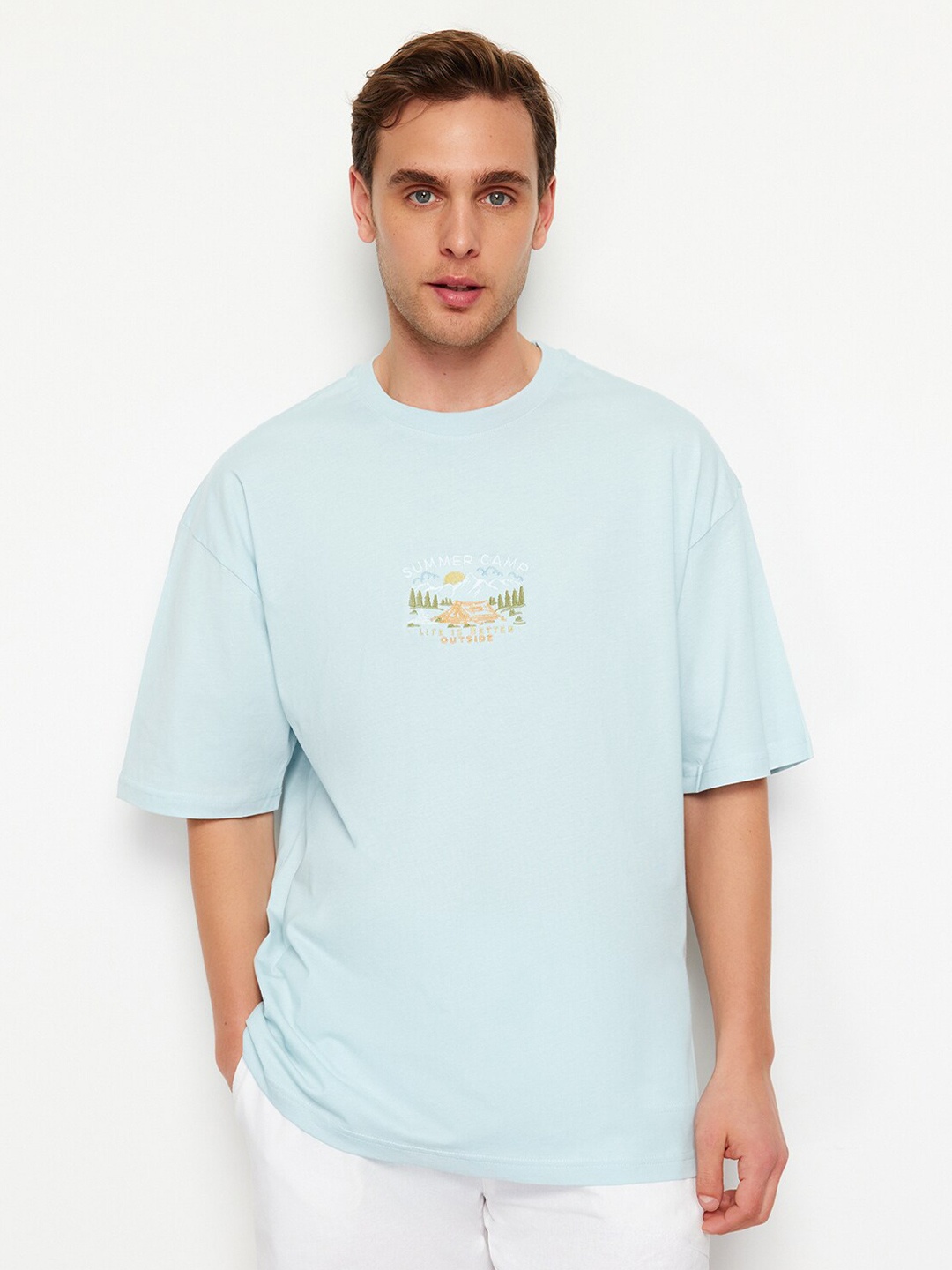 

Trendyol Round Neck Drop Shoulder Typography Printed Cotton Regular Fit T-shirt, Na