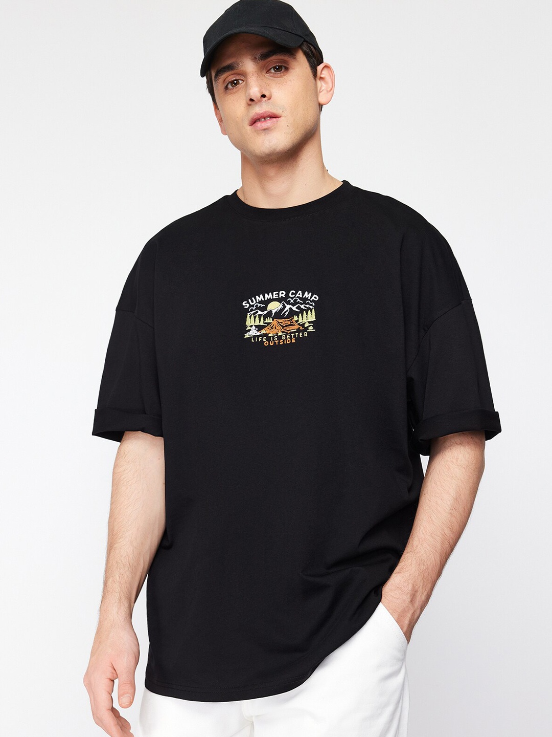 

Trendyol Round Neck Drop Shoulder Sleeves Typography Printed Baggy Cotton T-shirt, Na