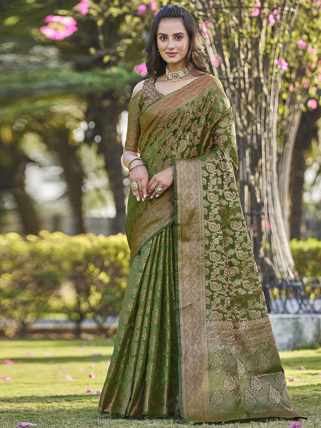 

Satrani Woven Design Zari Organza Banarasi Saree, Green