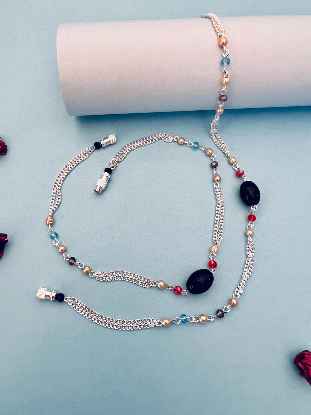 

Sangria Silver Toned Set Of 2 Silver-Plated Stones and Beads Anklets