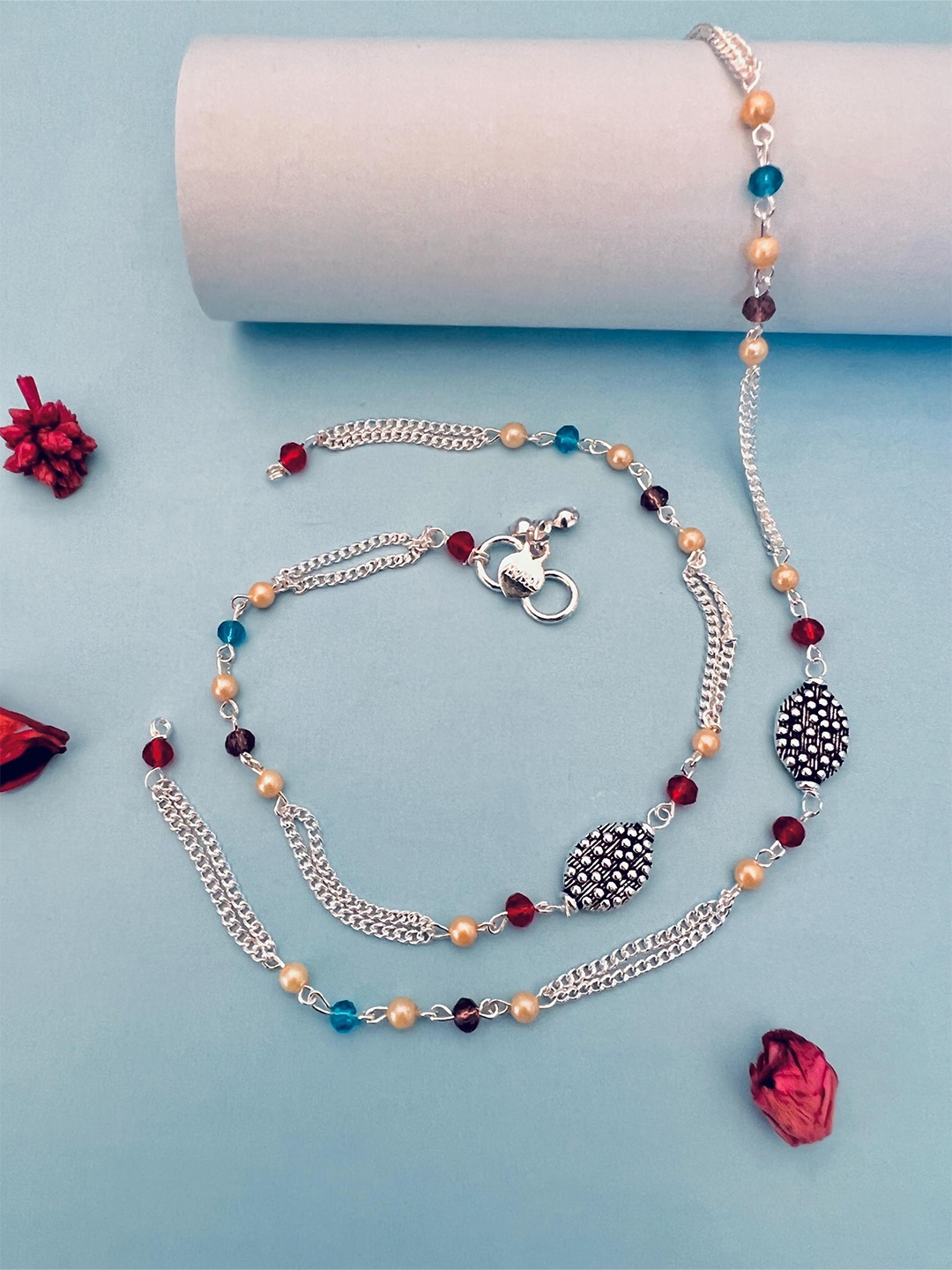 

Sangria Silver Toned Set Of 2 Silver-Plated Stones and Beads Anklets