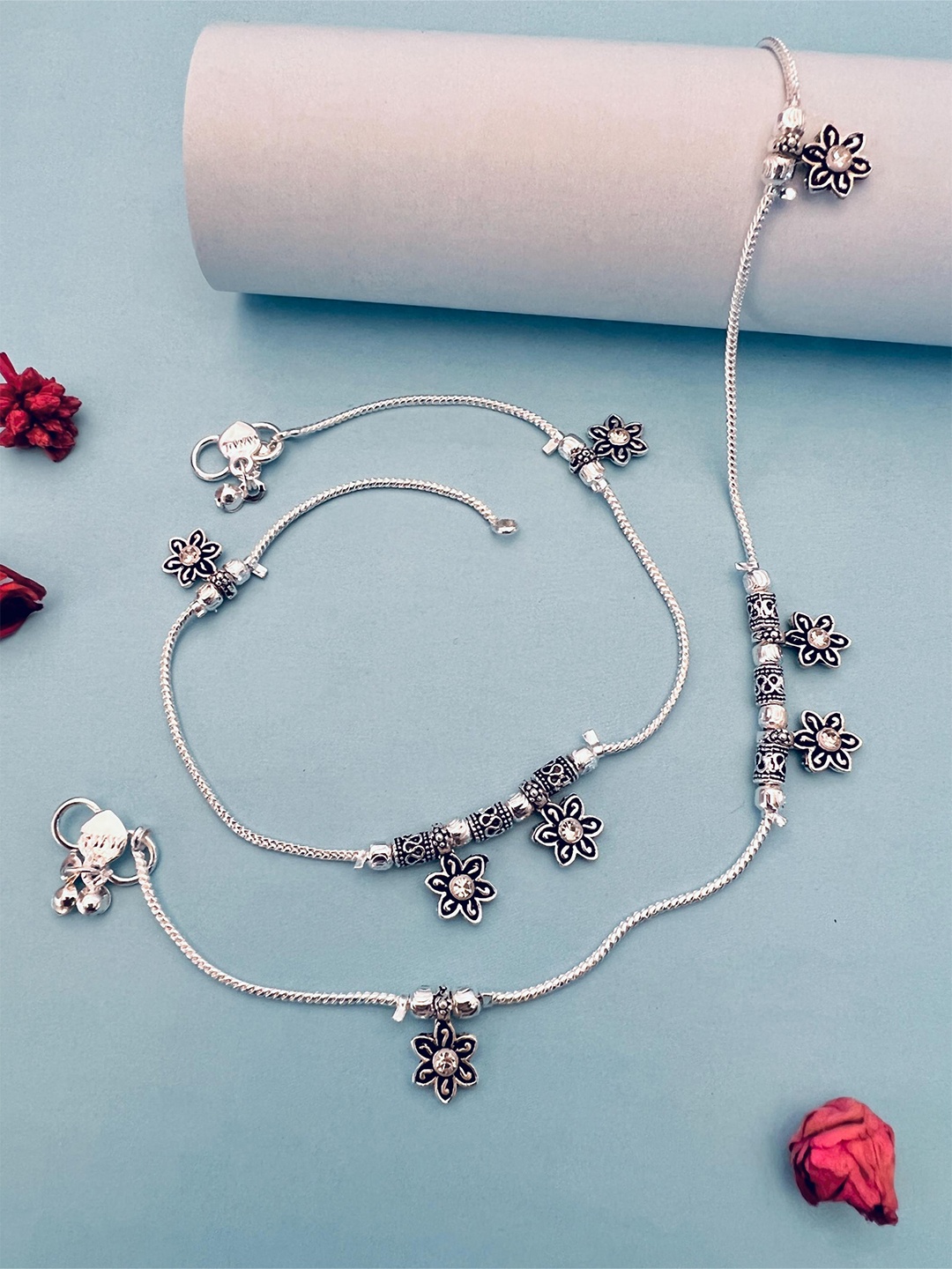 

Sangria Silver Toned Set Of 2 Silver-Plated Stones and Beads Anklets
