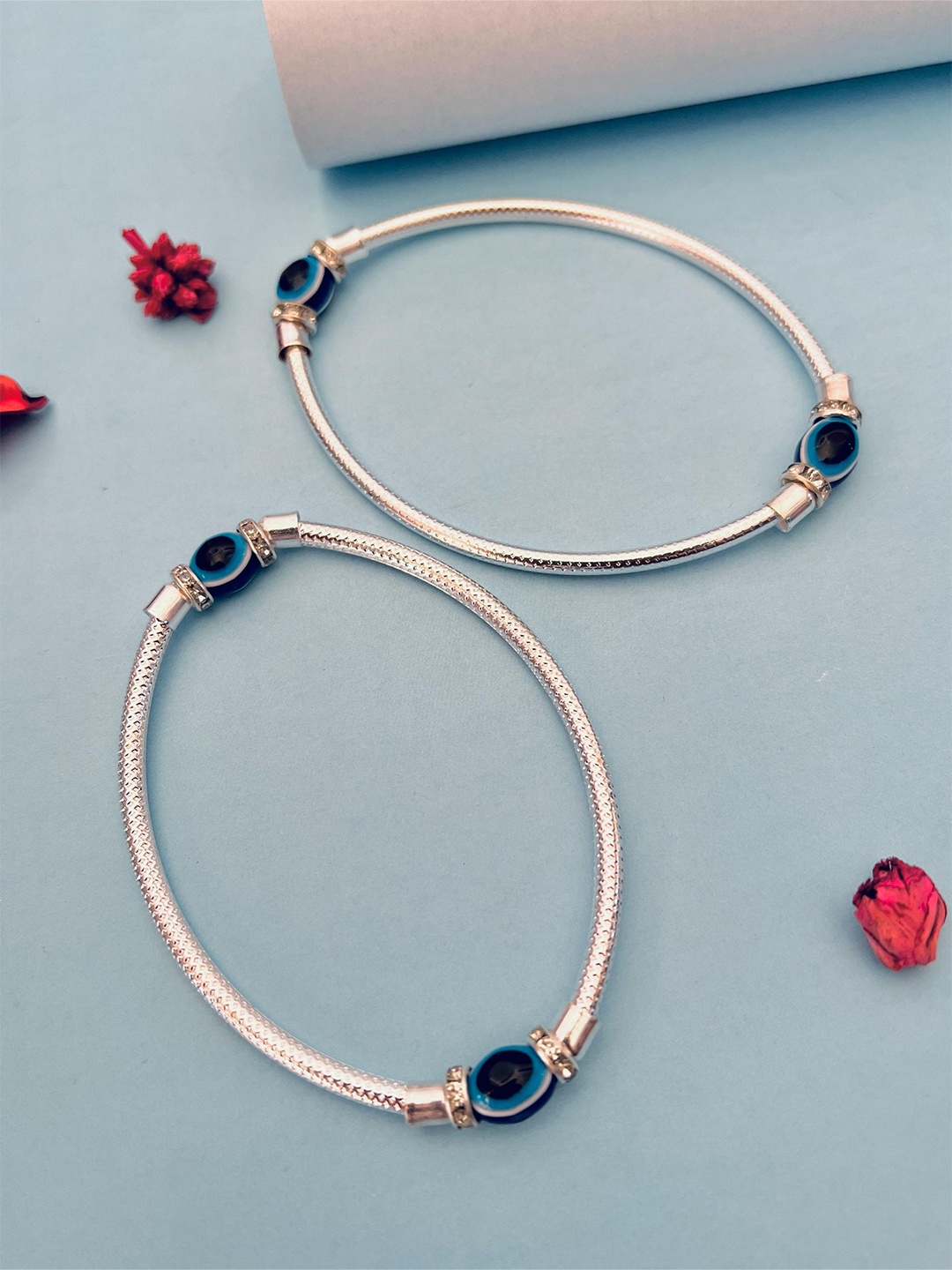 

Sangria Silver Toned Set Of 2 Silver-Plated Artificial Stones and Beads Anklets