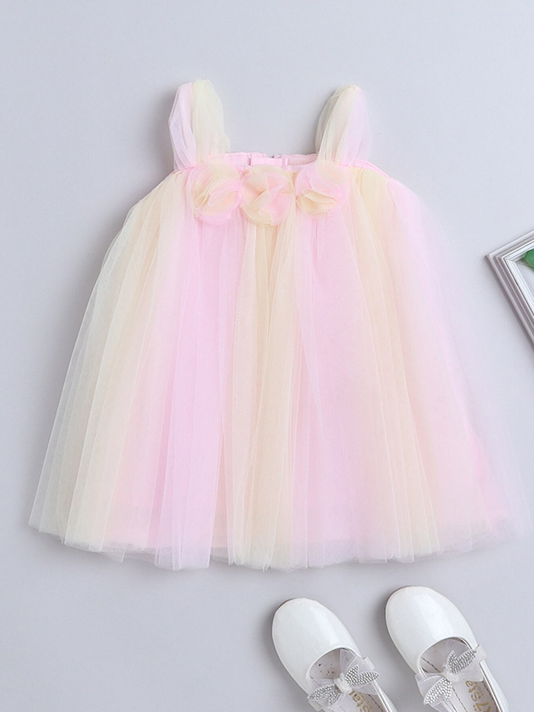 

MANY FROCKS & Girls Striped Net Fit & Flare Dress, Pink