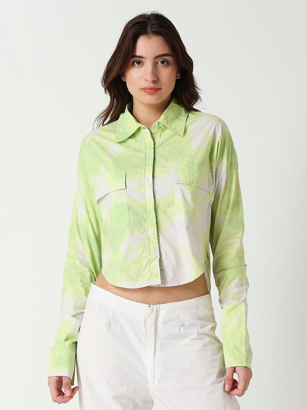 

Remanika Classic Colourblocked Cotton Crop Casual Shirt, Green