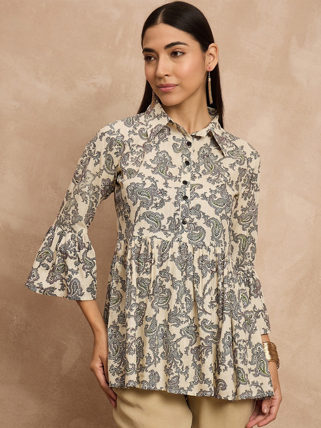 

all about you Beige Paisley Printed Shirt Collar A-Line Short Kurti