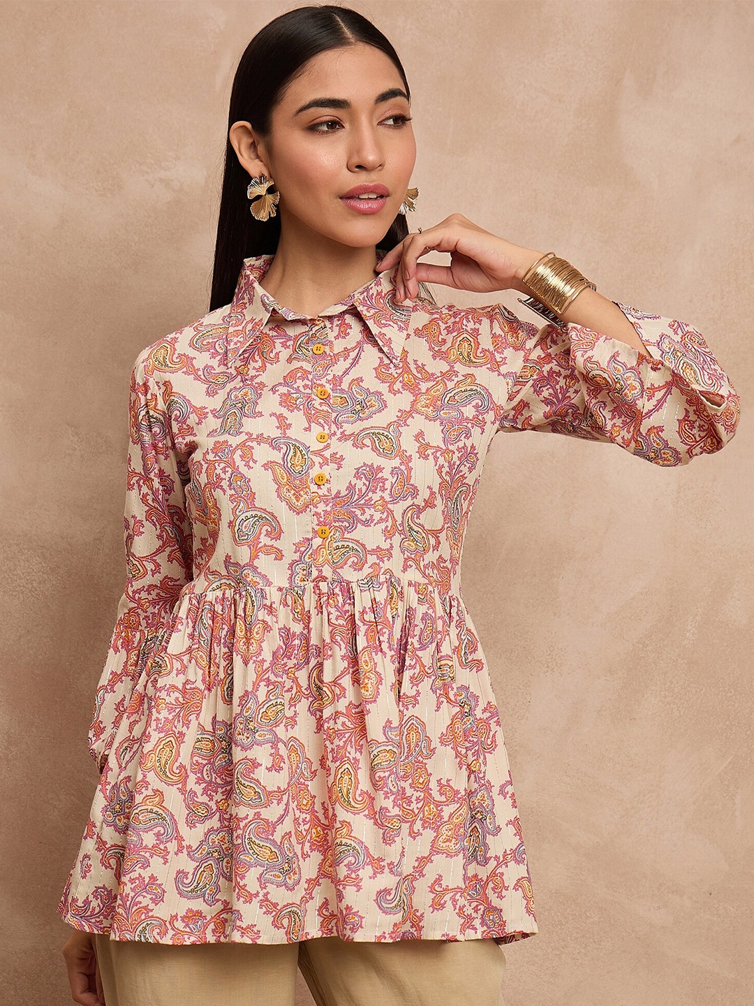 

all about you Floral Printed Shirt Collar Pleated Anarkali Short Kurti, Beige