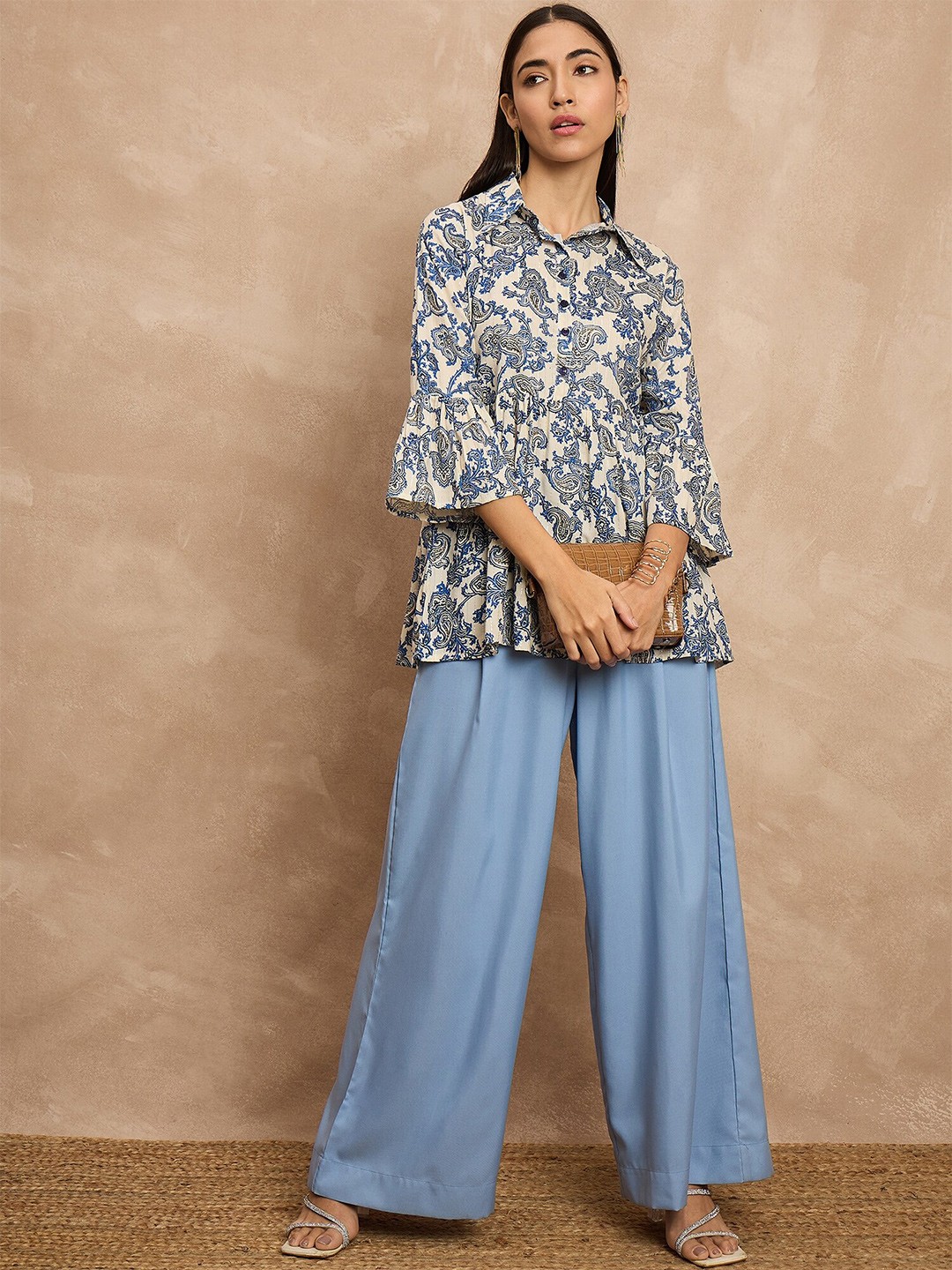

all about you Floral Printed Shirt Collar Pleated Anarkali Short Kurti, Beige