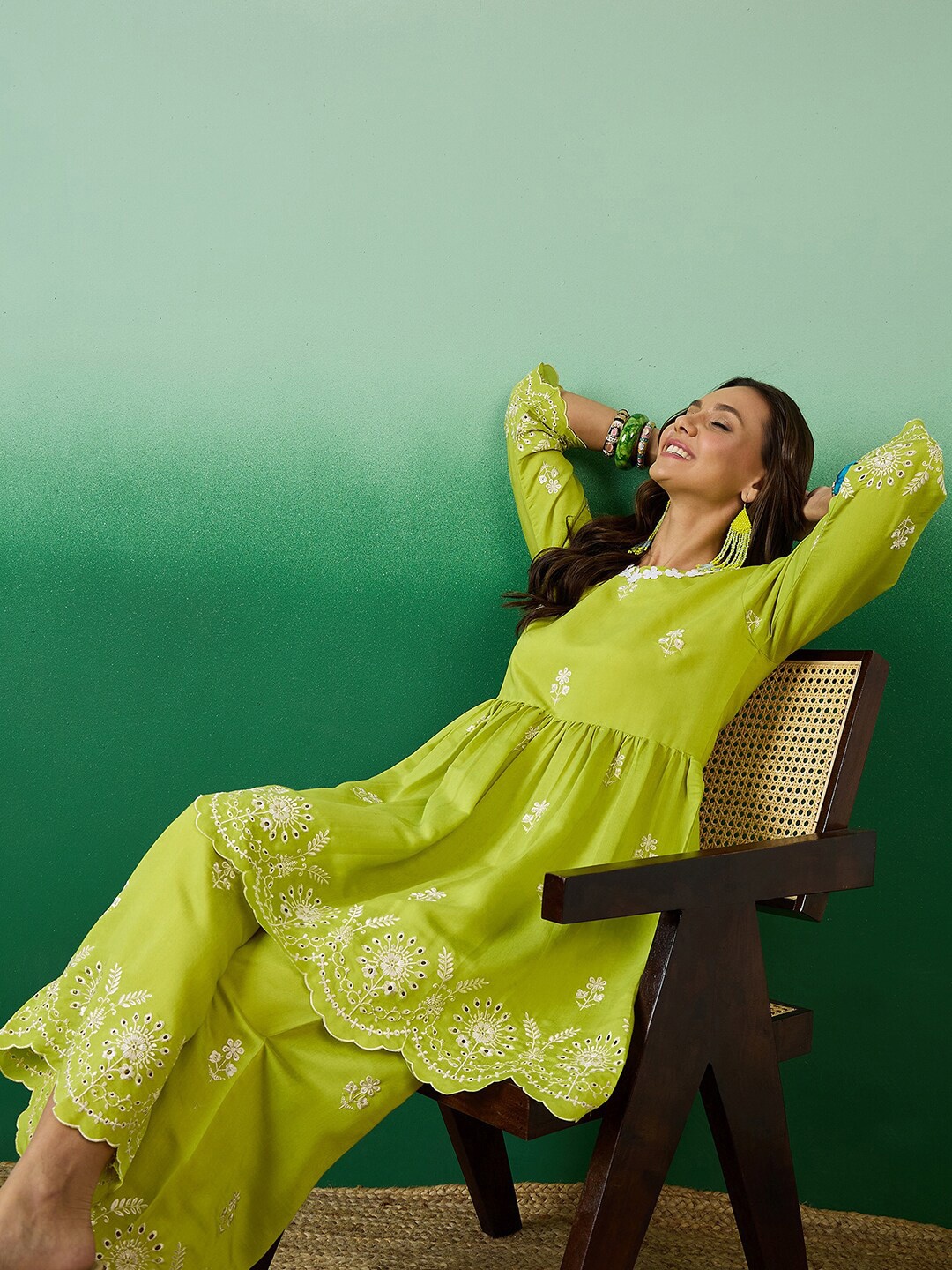 Sangria Floral Embroidered V-Neck Kurti With Palazzo, Lime green