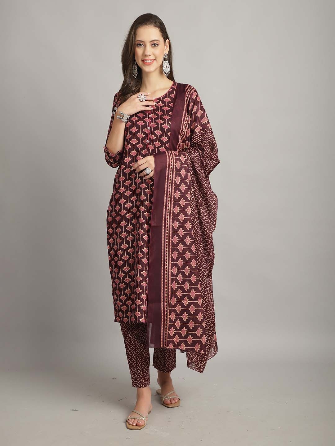 

Roly Poly Floral Printed Straight Kurta & Palazzos With Dupatta, Burgundy