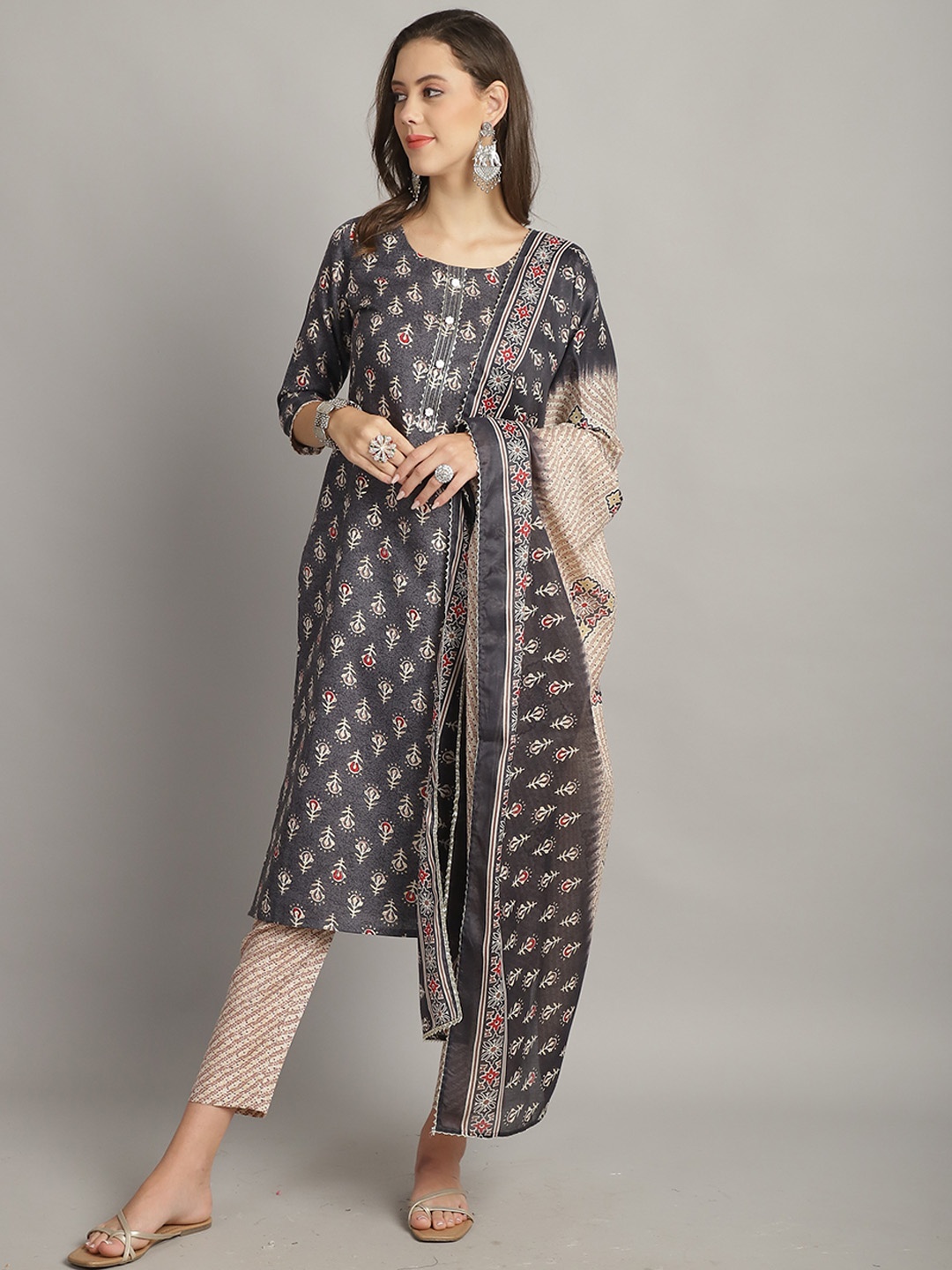 

Roly Poly Ethnic Motifs Printed Regular Kurta with Trousers & With Dupatta, Grey