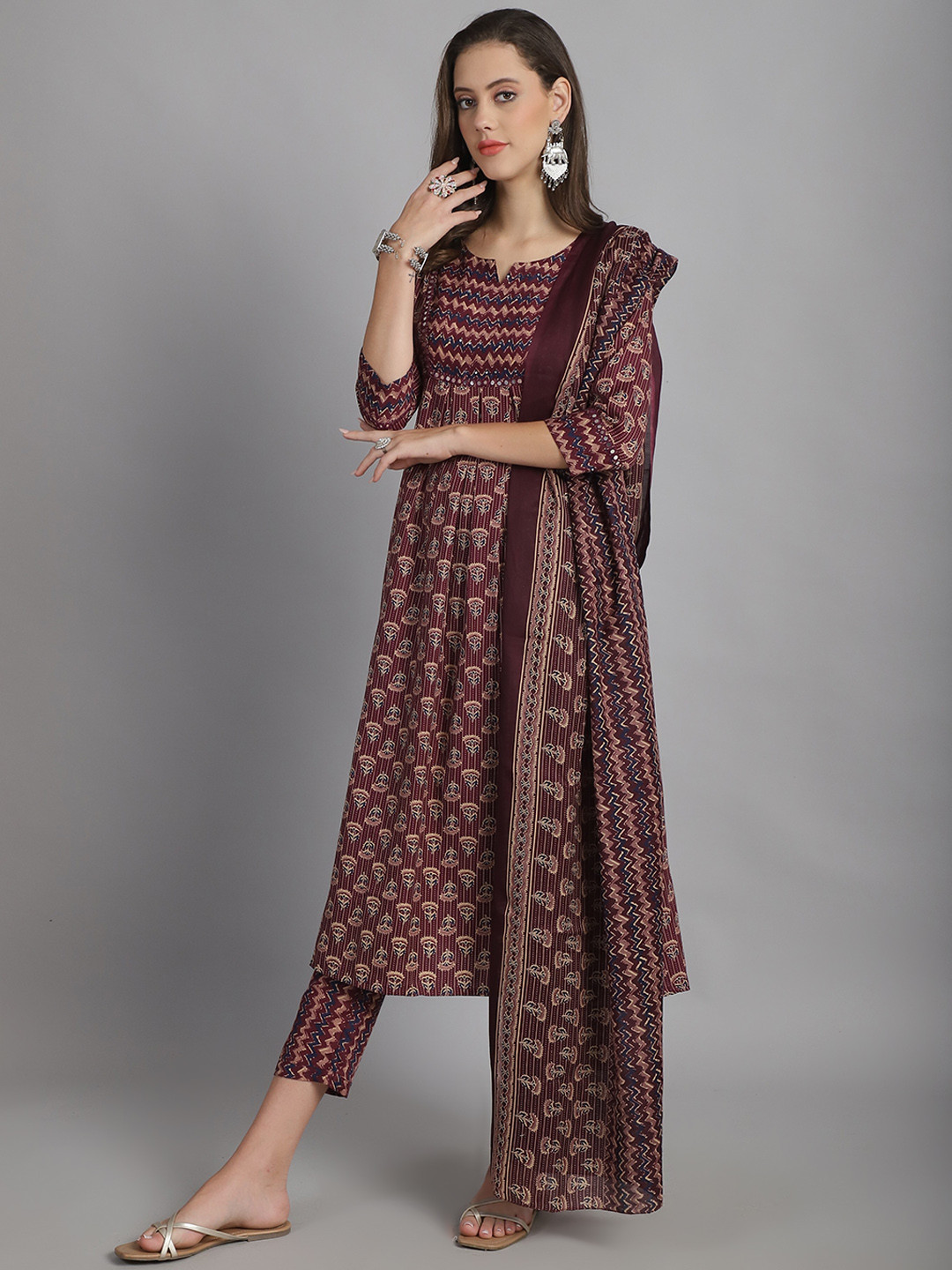

Roly Poly Floral Printed Regular Cotton Kurta with Palazzos & Dupatta, Maroon