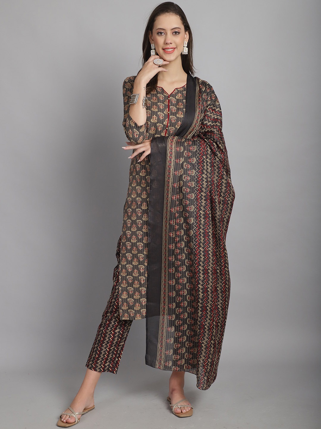 

Roly Poly Round Neck Floral Printed Regular Kurta with Palazzos & Dupatta, Grey